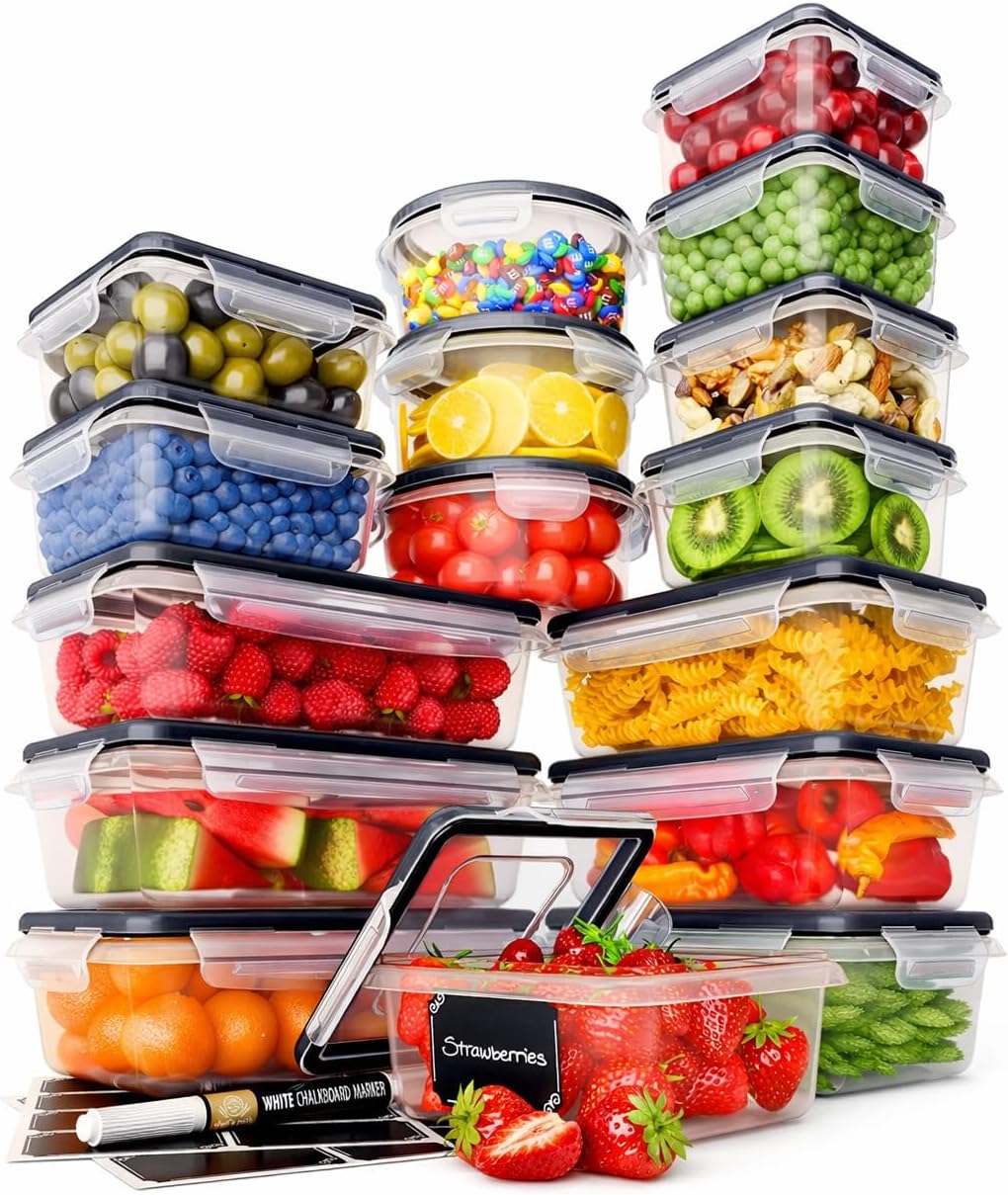 Chef's Path 32 Piece Airtight Food Storage Containers with Easy Snap Lids, 16 Containers and Lids, Stackable Kitchen and Pantry Canisters for Meal Prep and Food Storage - Transparent