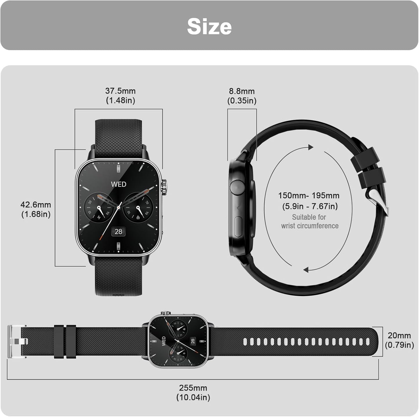 Smart Watch for Men Women, 1.85'' AMOLED HD Fitness Watch with 120+ Sports Modes, Bluetooth Call/Heart Rate/Sleep Monitor/Pedometer, Smartwatch for Android iOS, IP68 Waterproof, Light Black