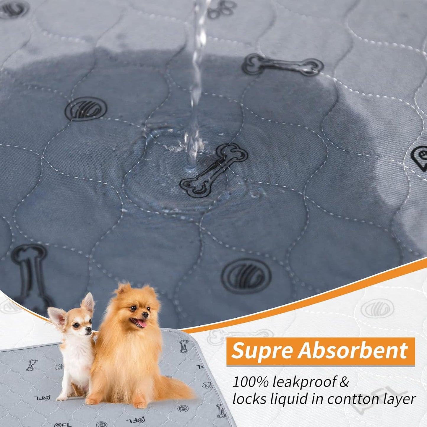 Washable Pee Pads for Dogs, 2Pack Puppy Pads Washable with Bone Print,Absorbent Reusable Whelping Pads Non-Slip Dog Mats for Floor Protector, Couch Cover, Crate, Potty Training 31x36
