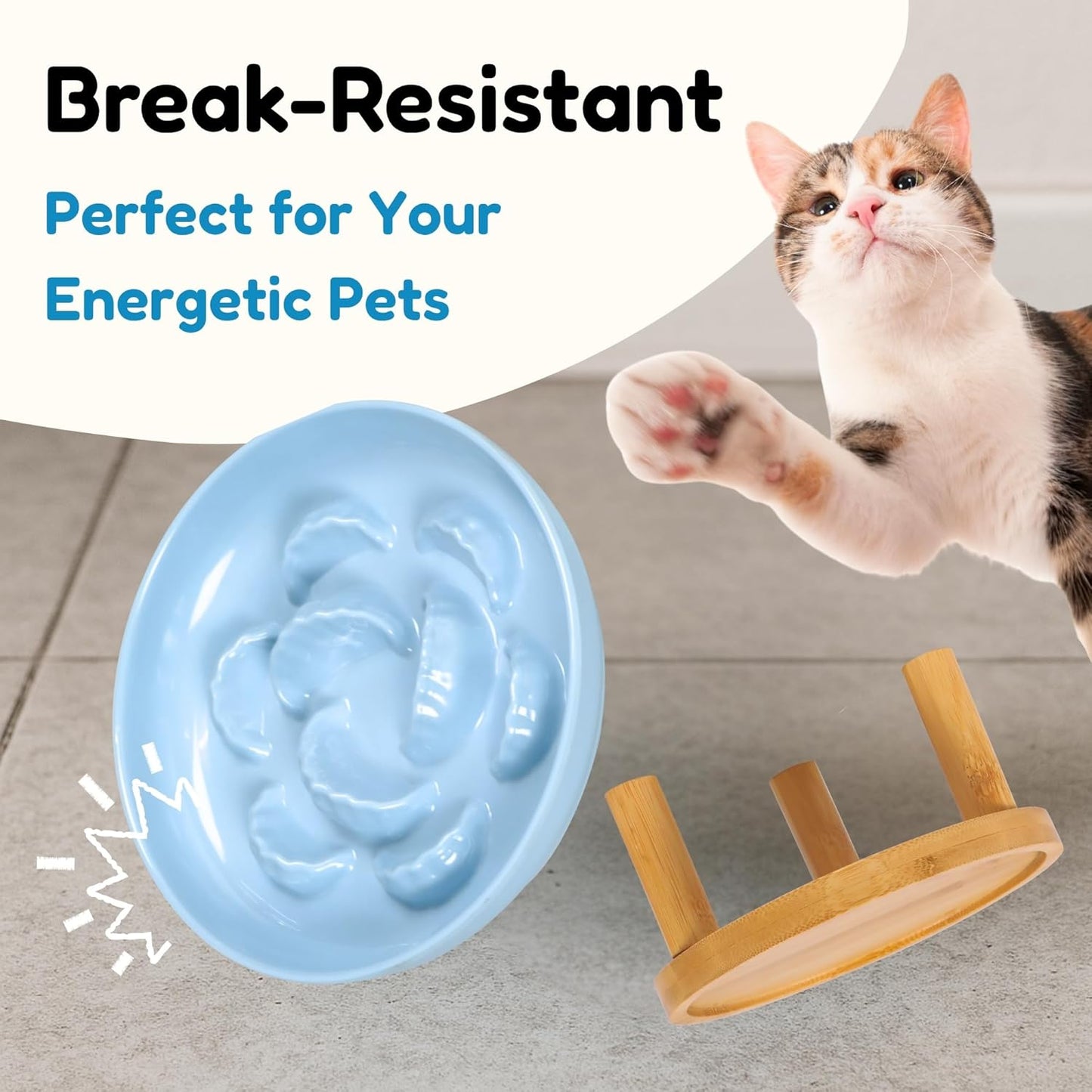 Slow Feeder Bowl, 6.3″ Elevated Cat Bowl with Stand, Melamine Wide Shallow Food Bowl, Whisker-Friendly Raised Plate, Wet Food Feeder for Slow Eating (Blue)