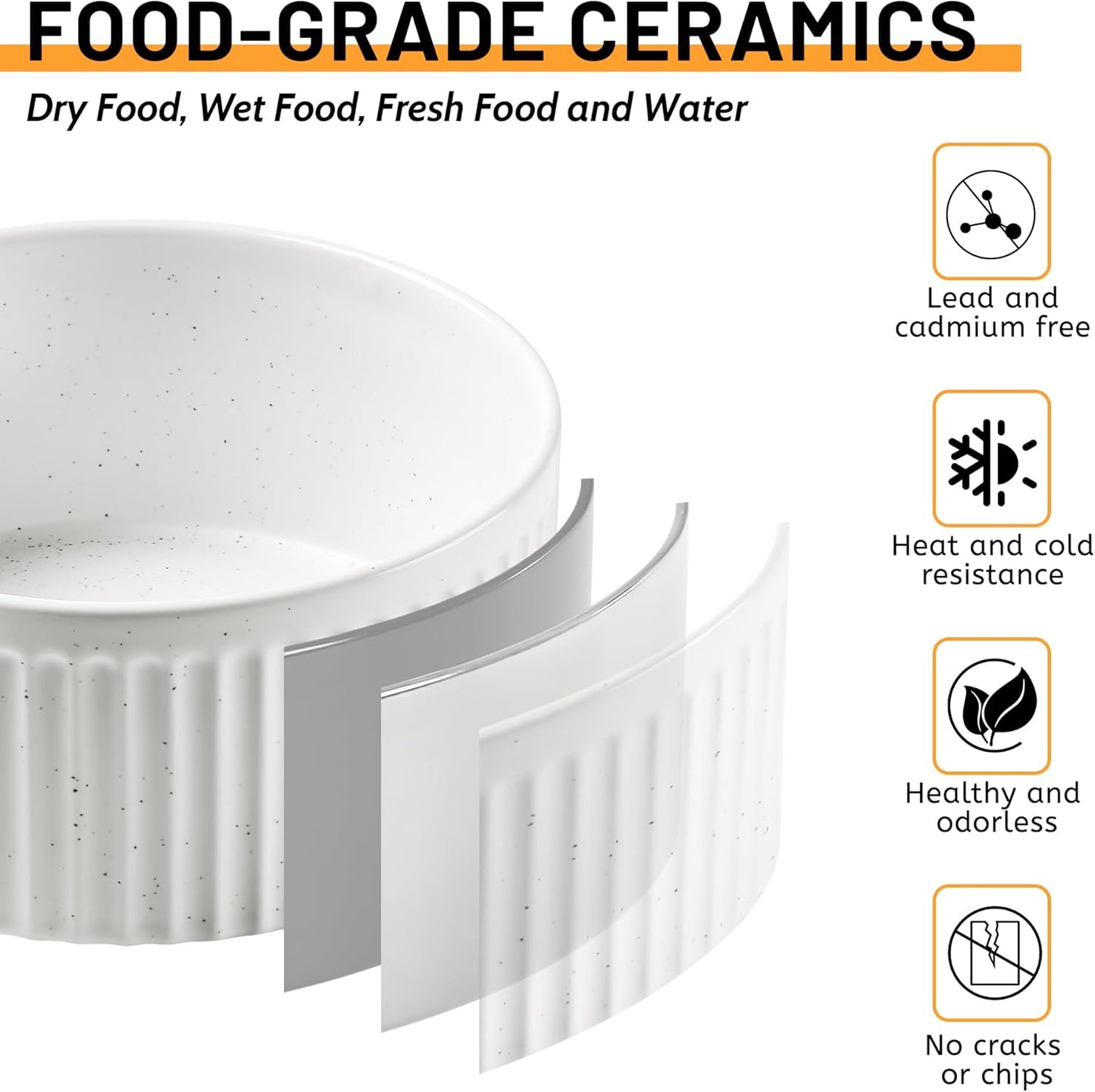 Non-Slip Ceramic Dog Bowls with Wooden Stand,8" Dog Food and Water Bowl Set with Silicone Base, 64 OZ/8 Cups Weighted Flip-Proof Pet Feeding Bowl for Small Dogs and Cats (Large,White)