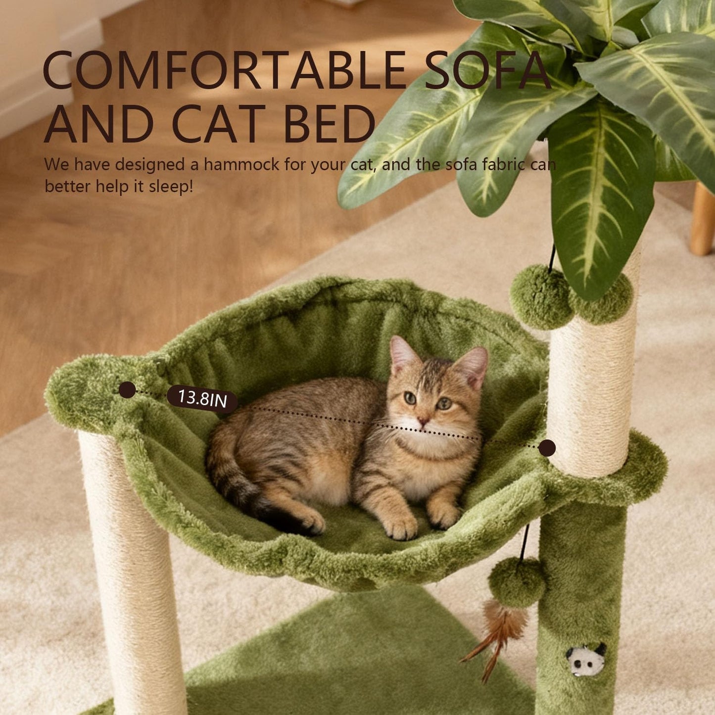 MECOOL Cat Tree for Indoor Cats 35" Tall Cat Scratching Post with Large Cat Hammcok and Hanging Ball Toys Plant Green