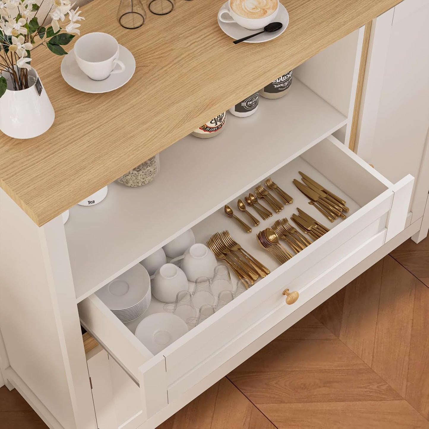 Storage Cabinet with Doors and Drawers,Kitchen Storage Cabinets，with Drawer and Adjustable Shelf（White）