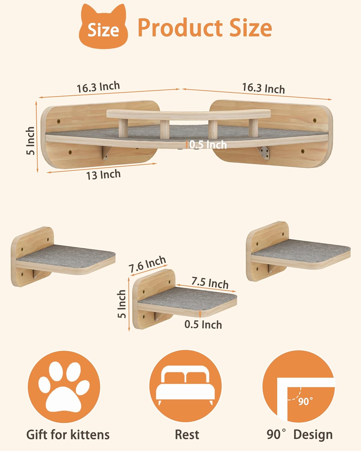 Megidok Cat Wall Furniture - Corner Climbing Shelf with 3 Wide Steps, Modern Floating Stairs for Indoor Cats up to 30 Lbs - Wood Color