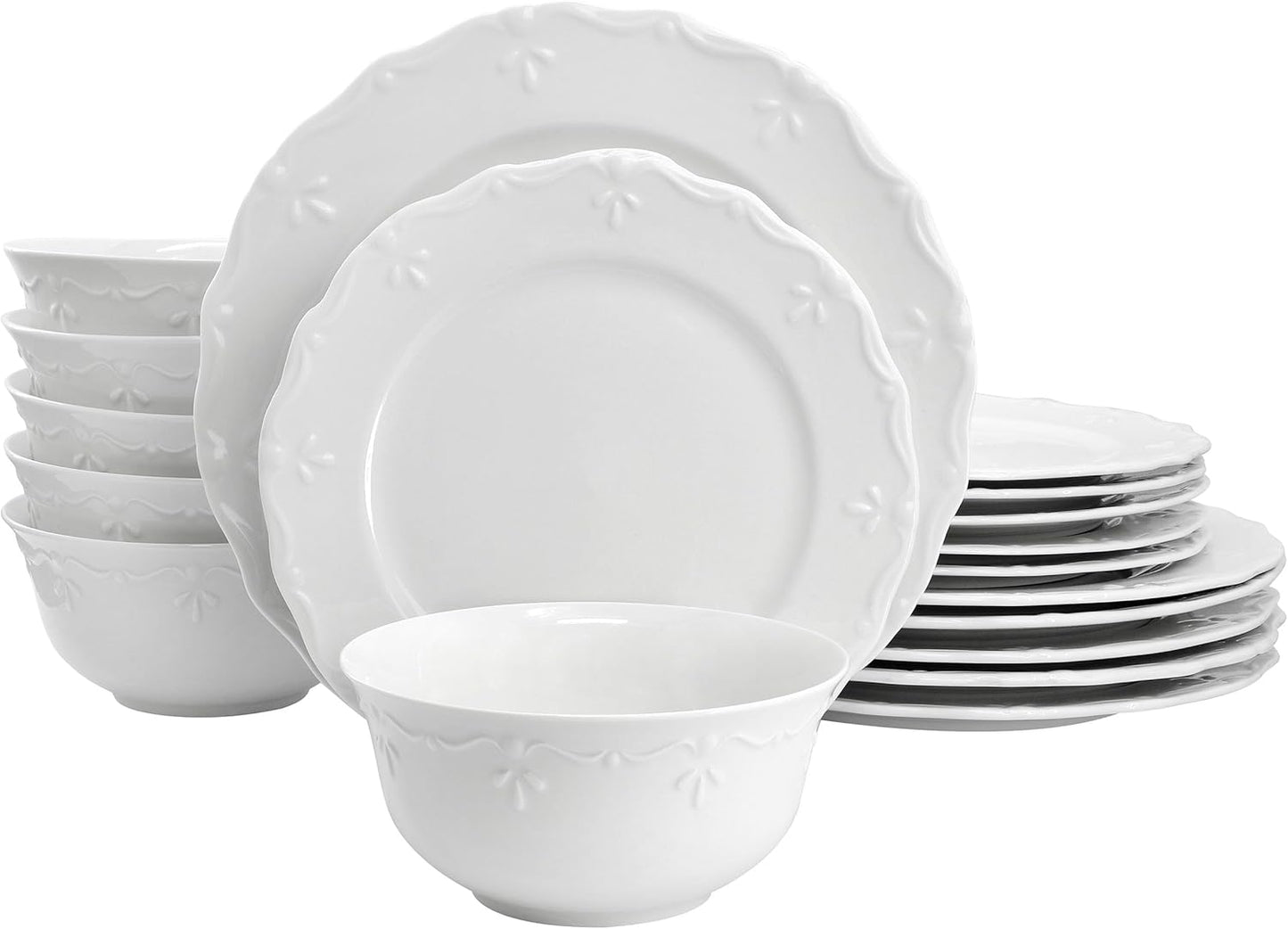 Elama Henryi 18 Piece Embossed Rim Detail Porcelain White Dinnerware Set, Tableware Set, Serveware (18 Piece)