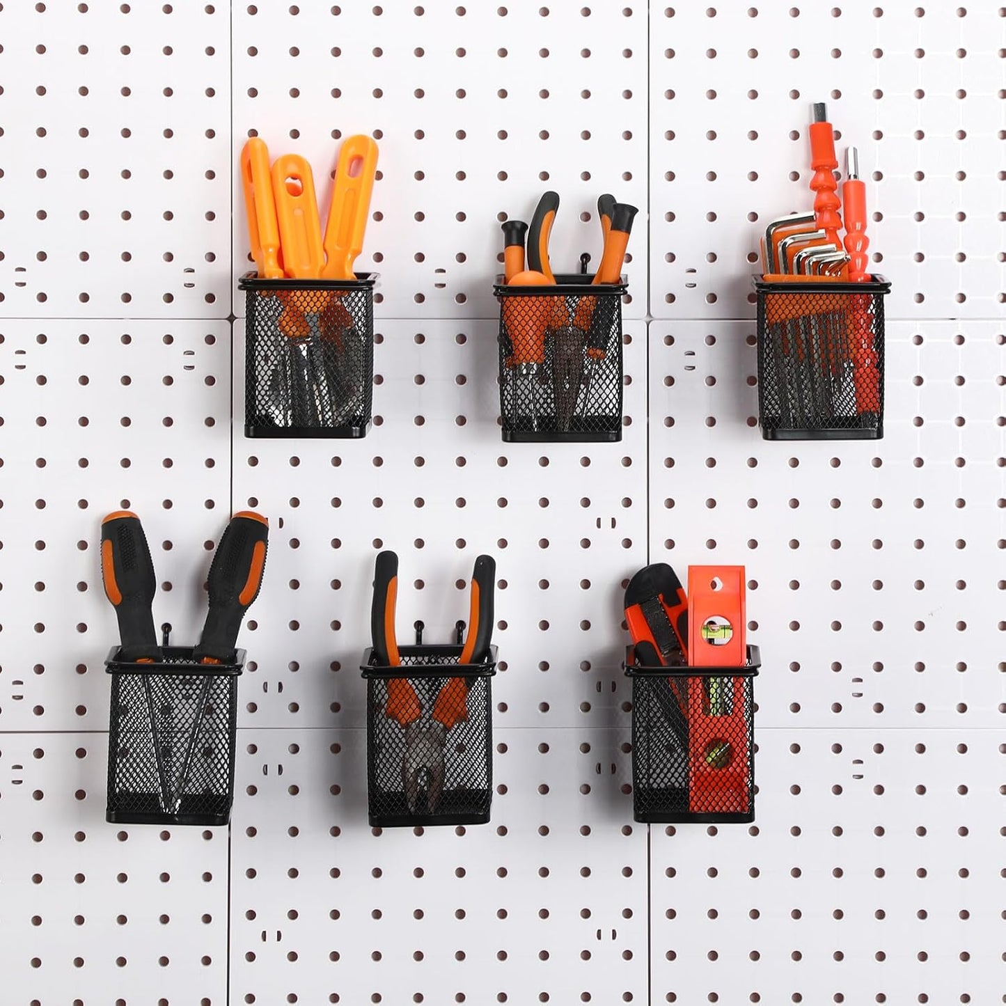 6 Sets Pegboard Cups with Hooks Pegboard Pencil Holder Bin Organizer Black Square Peg Board Accessories Metal Pencil Holder Cup for Home Office Workbench Craft Room Workshop Garage Tool