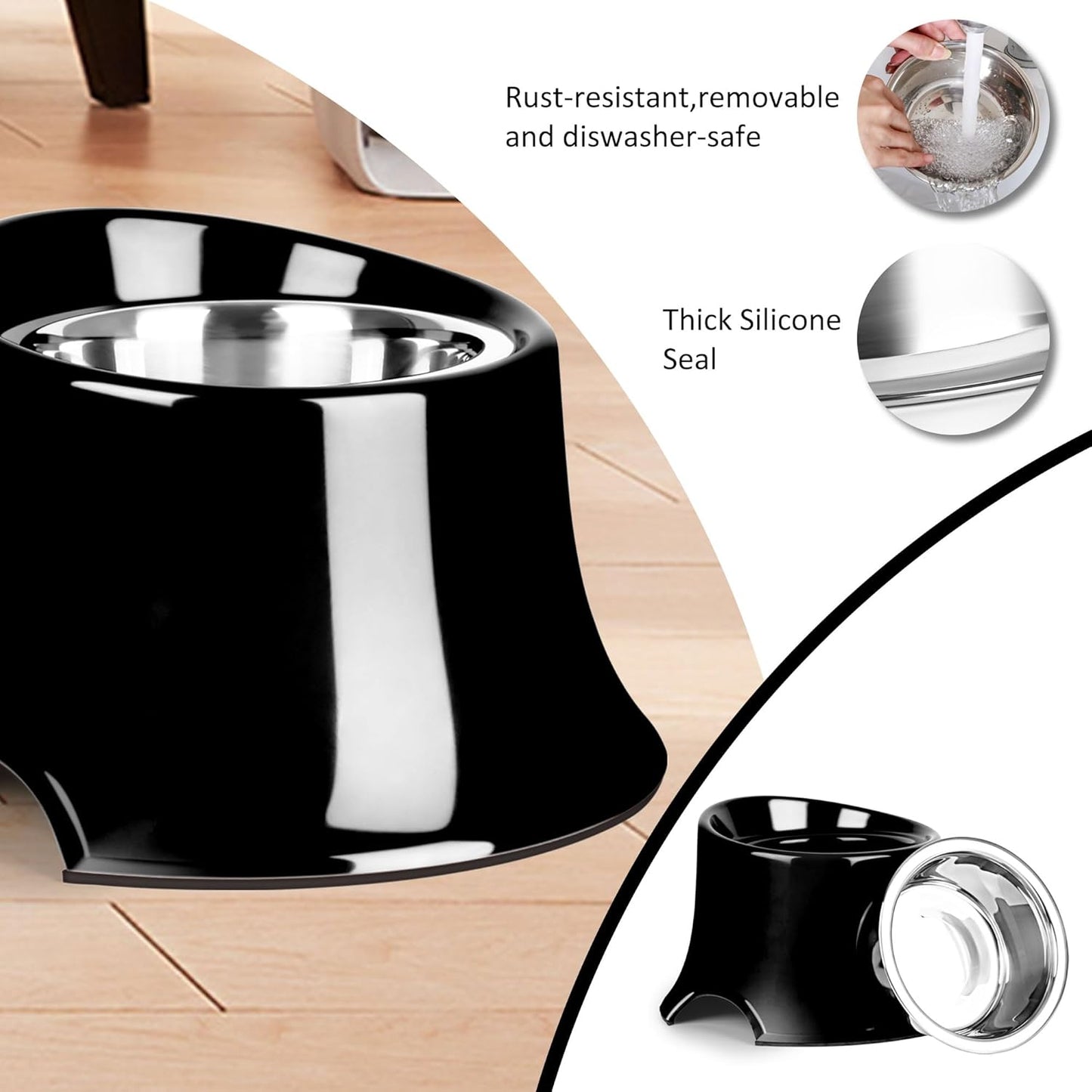 Tilted Elevated Dog Bowls Non-Slip & Non-Spill Pet Feeder with Elevated Detachable Melamine Stand, High Capacity Tilted Dog Bowl for Medium Small Size Dogs M/2 Cup Black