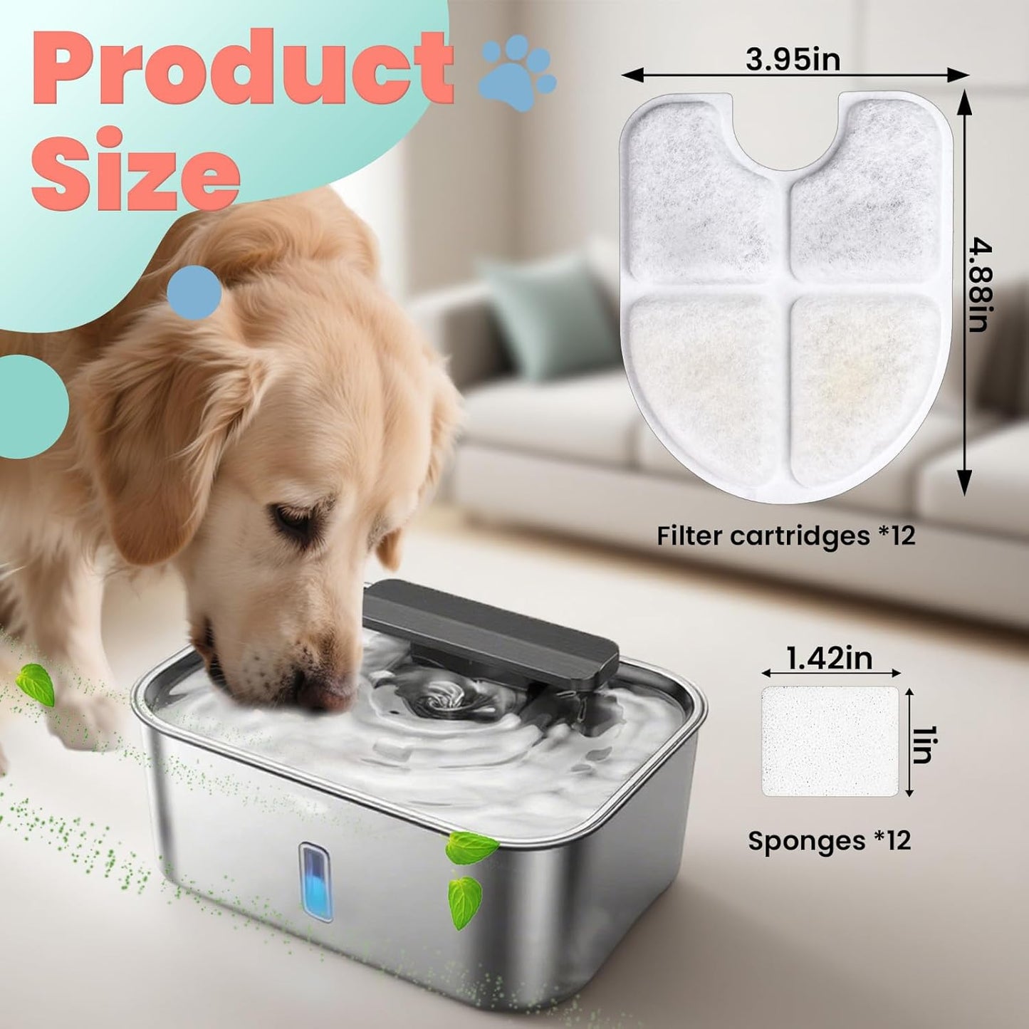 12PCS Cat Water Fountain Replacement Filters Compatible with FEELNEEDY 3Gal/12L Dog Cat Water Dispenser (FN-W13), Fit Large Dogs Bowl Dispenser, Includes 12 Filters & 12 Sponges