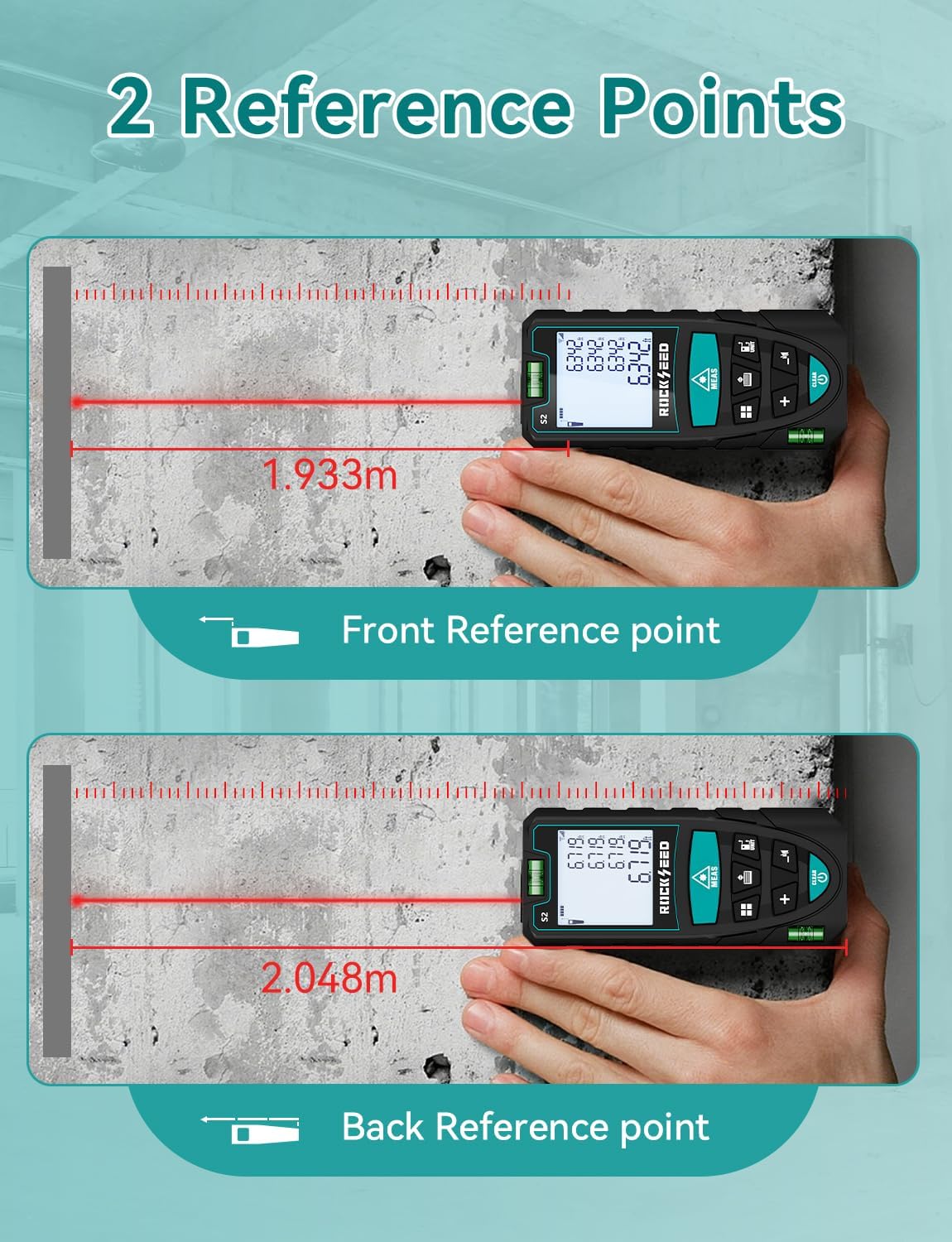 Laser Measure 50M/165ft,RockSeed Digital Laser Distance Meter with 2 Bubble Levels,Portable M/in/Ft Unit Switching Backlit LCD and Measuring Distance/Area/Volume/Pythagorean