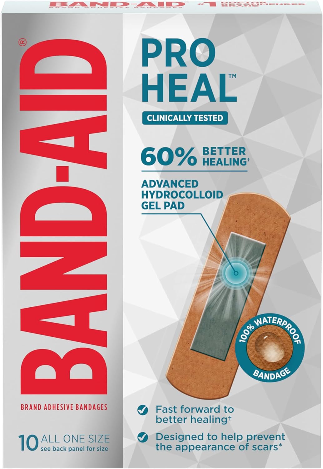 BAND-AID Brand Pro Heal Adhesive Waterproof Bandages, Hydrocolloid Gel Patch for First Aid, Clinically Tested for Better Healing of Minor Blisters and Wounds, One Size, 10 Count