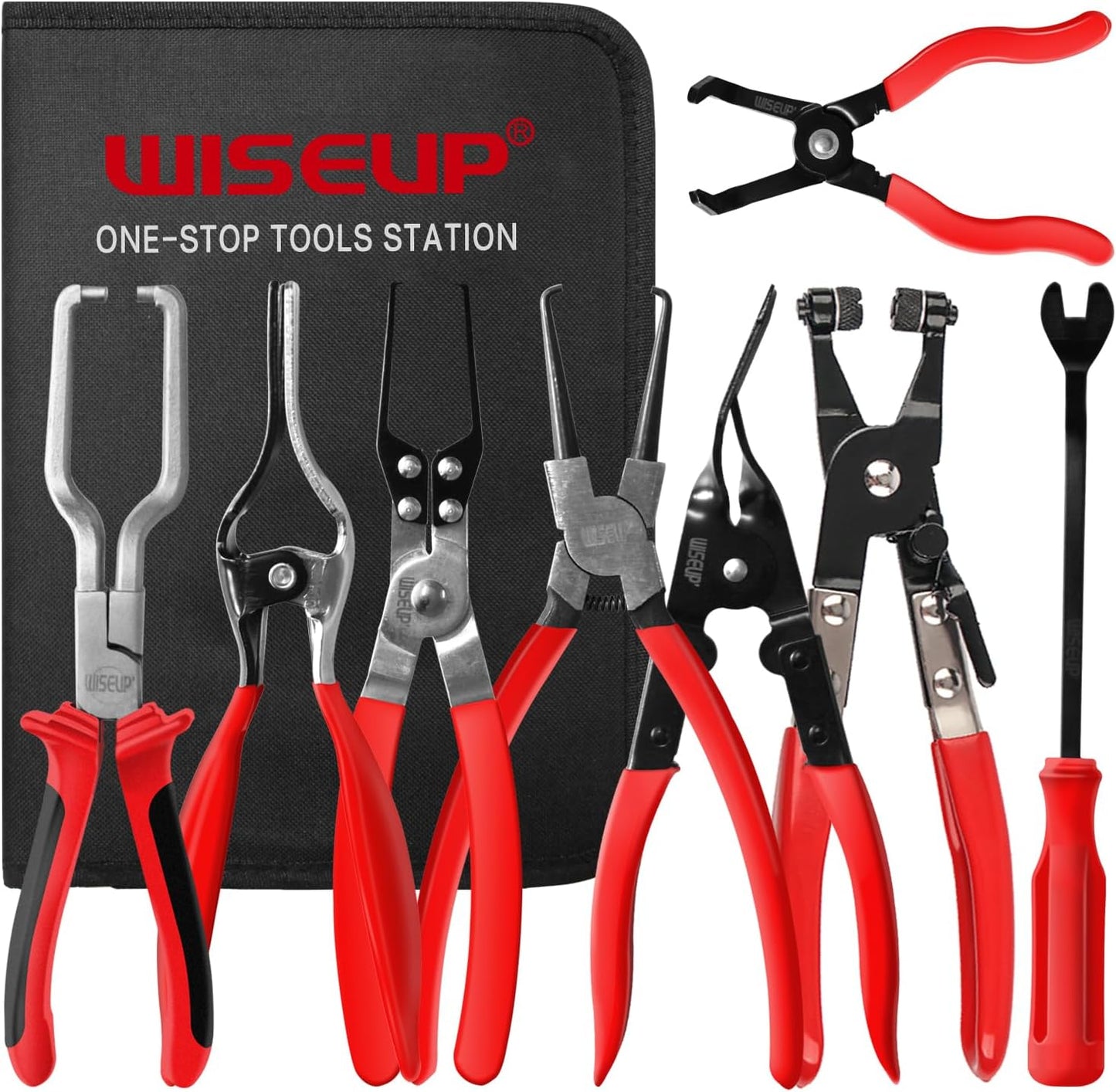 WISEUP 8-Piece Fuel Line Disconnect Tool Set – Fuel Line/Hose Clamp/Removal Pliers, Electrical Disconnect/Push Pin Tools, Relay Puller, Panel Clip Remover & Filter Caliper
