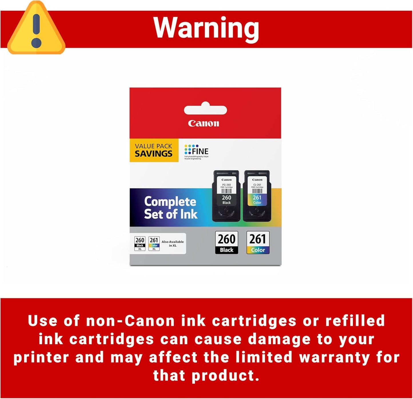 Canon PG-260 / CLI-261 Genuine Ink Value Pack (2 Cartridges), Compatible with TS5320, TR7020