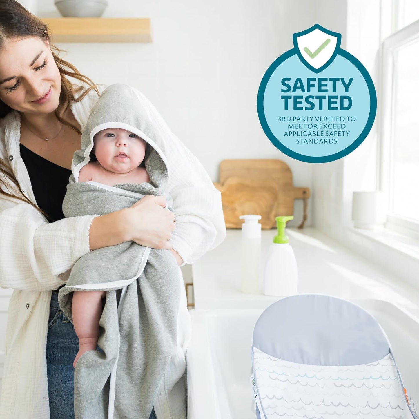 The First Years Sure Comfort Folding Baby Bather - Foldable Baby Bath Seat and Lounger for Home or On the Go - for Sink or Tub Use - Non-Slip Seat - For Up to 15 Lbs