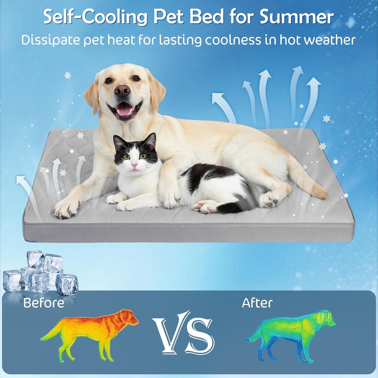 Cooling Dog Bed, 44" x 32" Orthopedic Dog Beds Large Sized, Waterproof Self-Cooling Pet Mat for Summer with Removable Washable Cover, Egg Crate Foam, Anti-Slip Bottom, Non-Gel, Grey