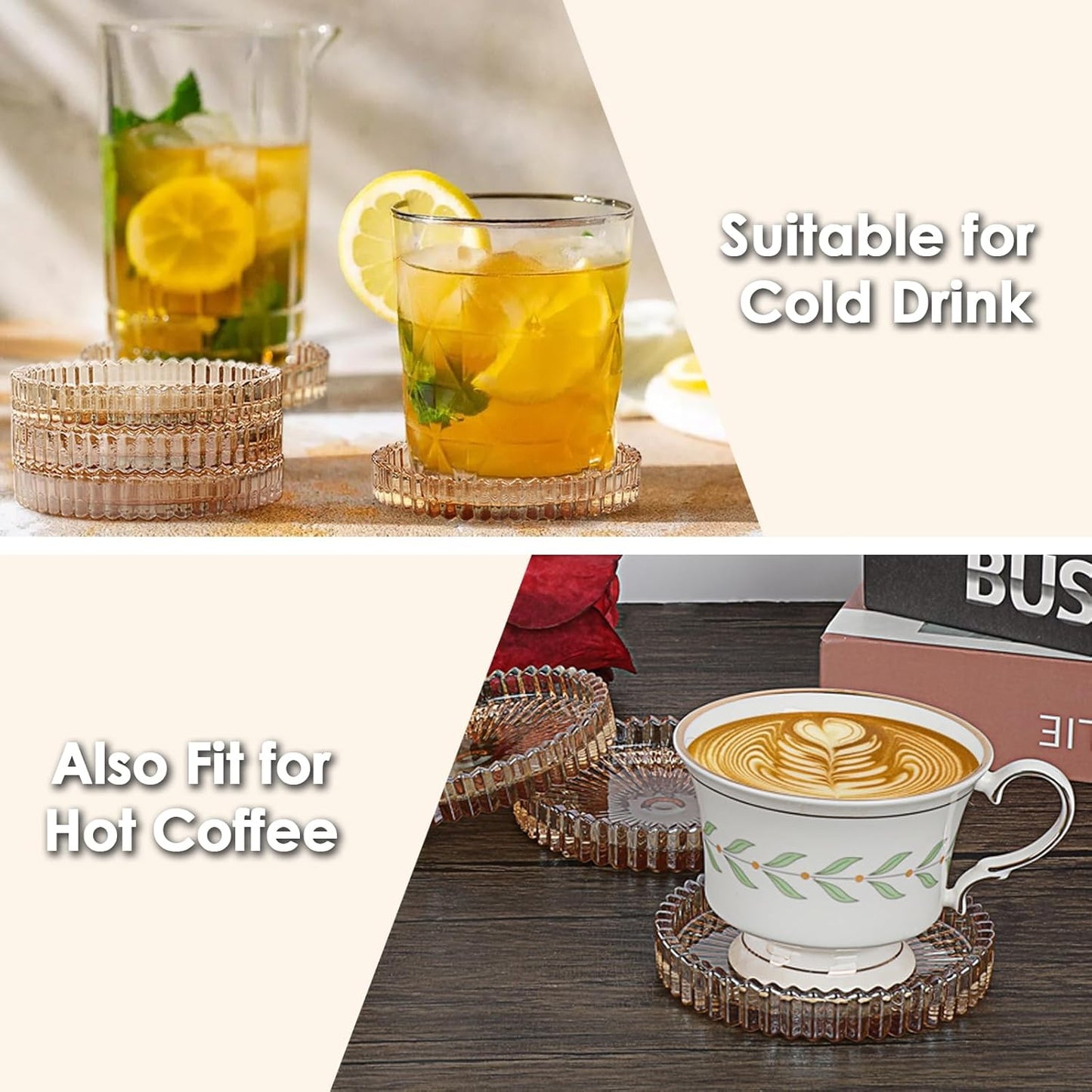 Modern Clear Coaster Set of 5- Glass Coasters for Drinks Crystal Coasters Round Cup Coasters Coffee Table Decor for Office, Kitchen, Bar, Dining Room, Living Room, Patio(Amber)