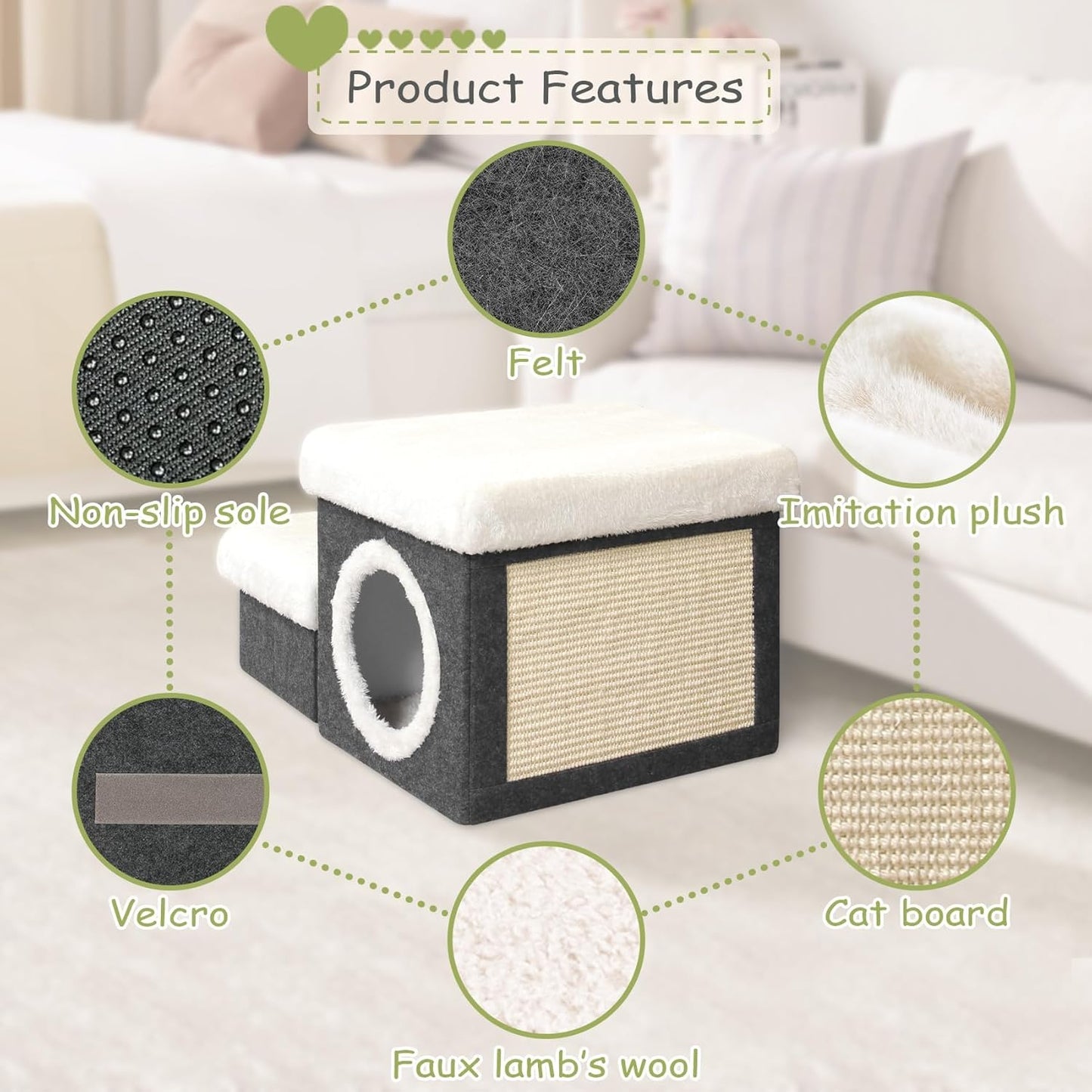 B FSOBEIIALEO Cat House Pet Stairs for Beds Sofa, Foldable Dog Steps 2-Tier With Storage Toy Box, Small Indoor Pet Steps Grey 15.7x12.6x12.6 Inches