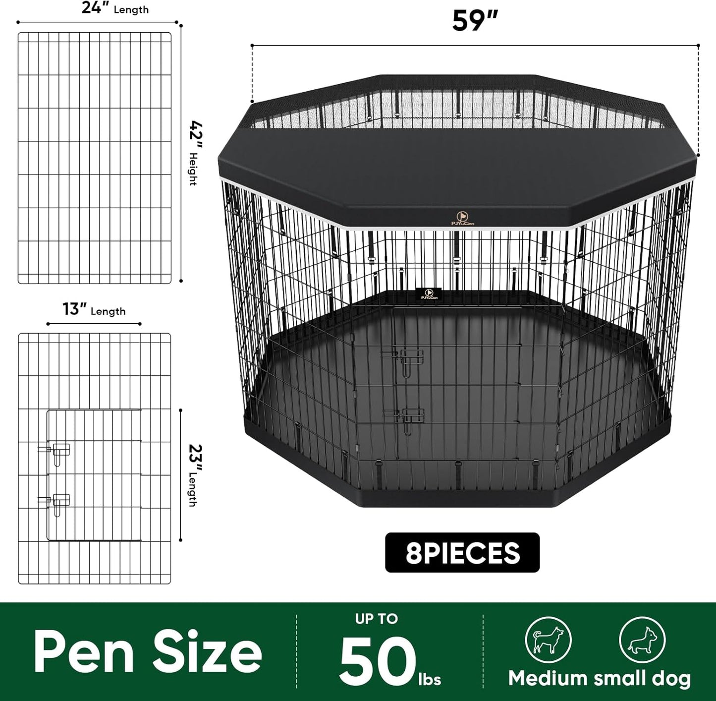 PJYuCien Dog Playpen with Top Cover and Bottom Pad - Metal Foldable Exercise Pen, 8 Panels 42" H x 24" W Indoor Outdoor Pet Fence Puppy Crate Kennel, Black