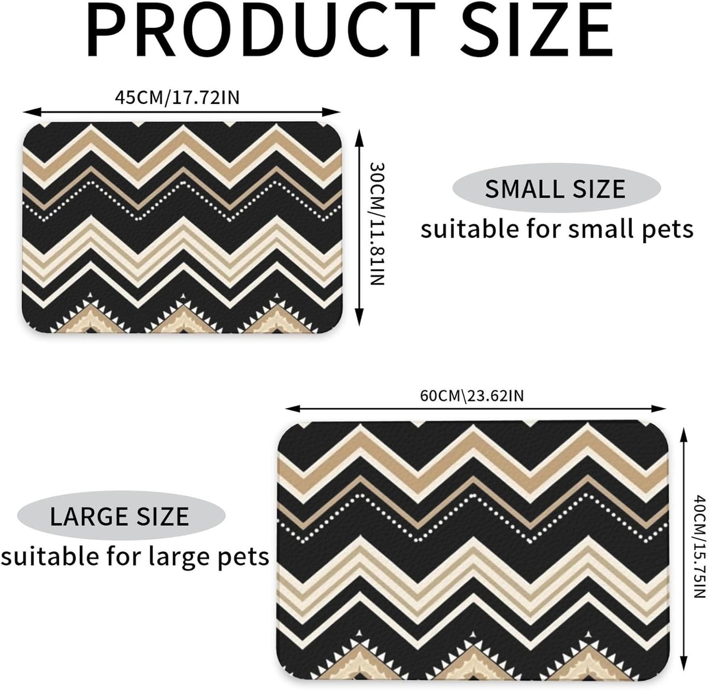 Black White Tan Zigzag Pet Feeding Mat 40x60cm Absorbent Leather Dog Cat Food Mats Non-Slip Dog Bowl Mats for Food and Water, Quick Dry Pets Placemats for Cats and Dogs Water Bowl