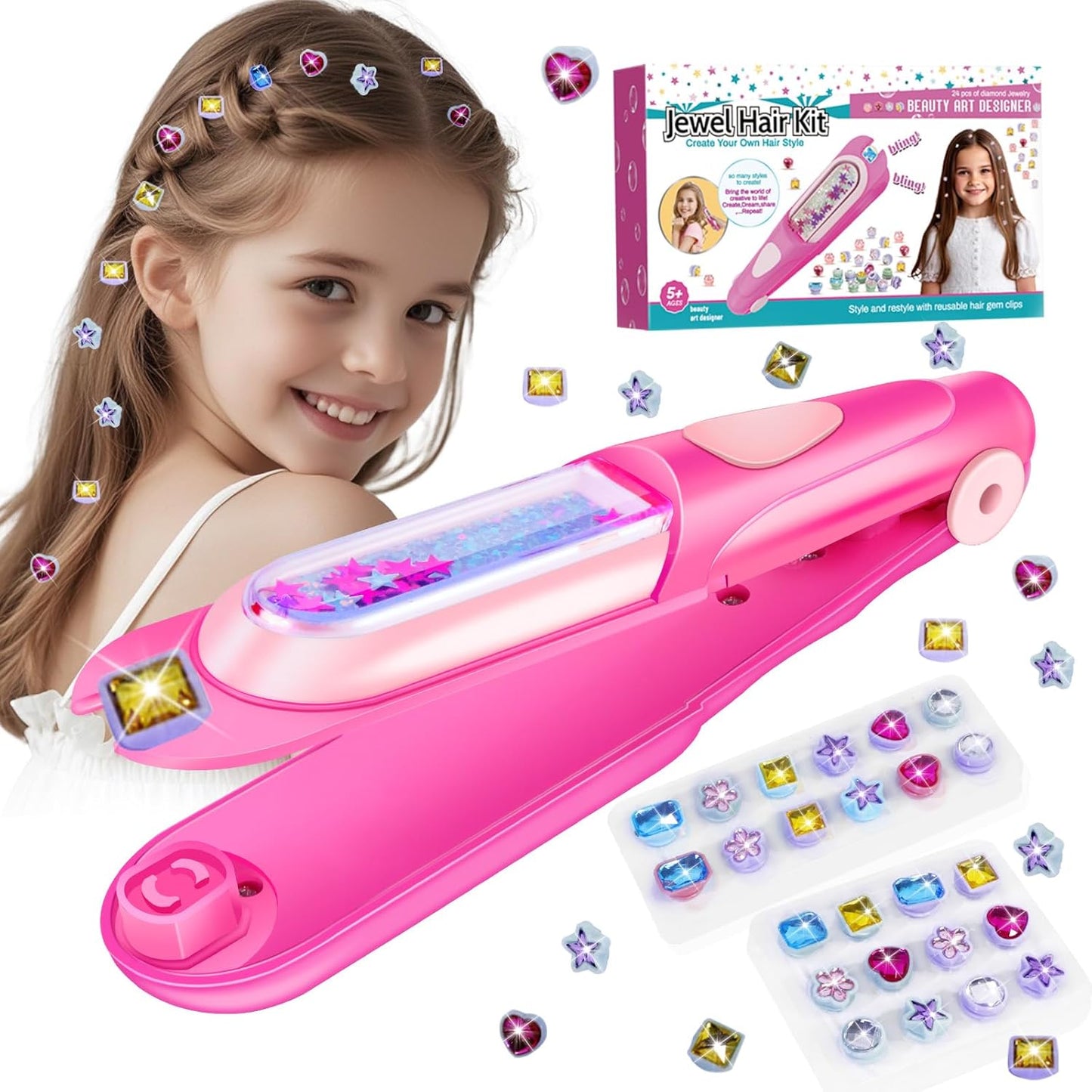 Hair Gem Stamper Kit, Bling Hair Jewels for Girls Toys, Hair Styling Tool with Reusable Shining Diamonds, Birthday Gifts Toys for Girls Ages 3 4 5 6 8-12 (Pink)