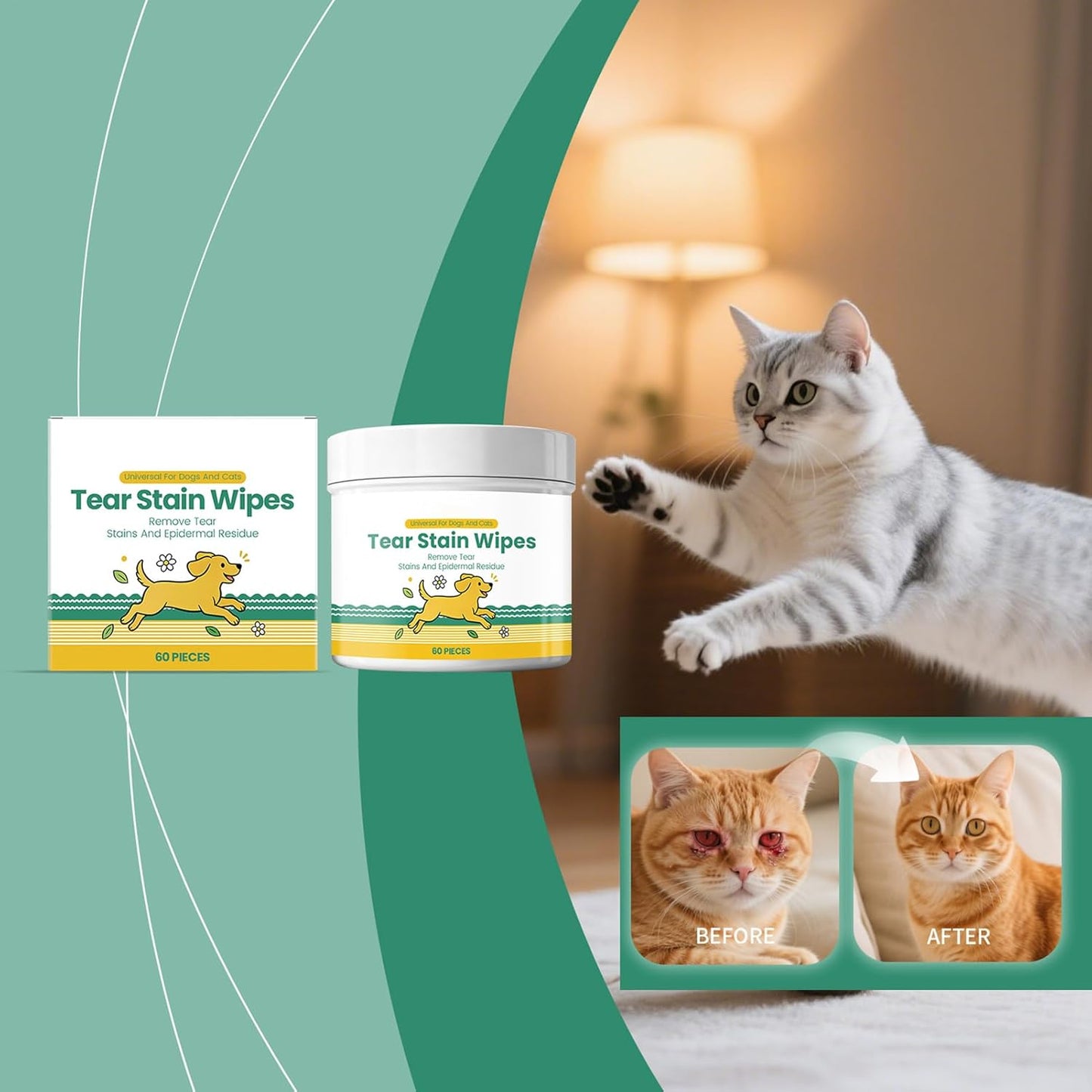Tear Stain Wipes for Dogs, Grooming Sheets - Cat Tear Stain Wipes,for Small Medium Large Breed Puppy Kitten Skin Coat Travel Home Outdoor Indoor