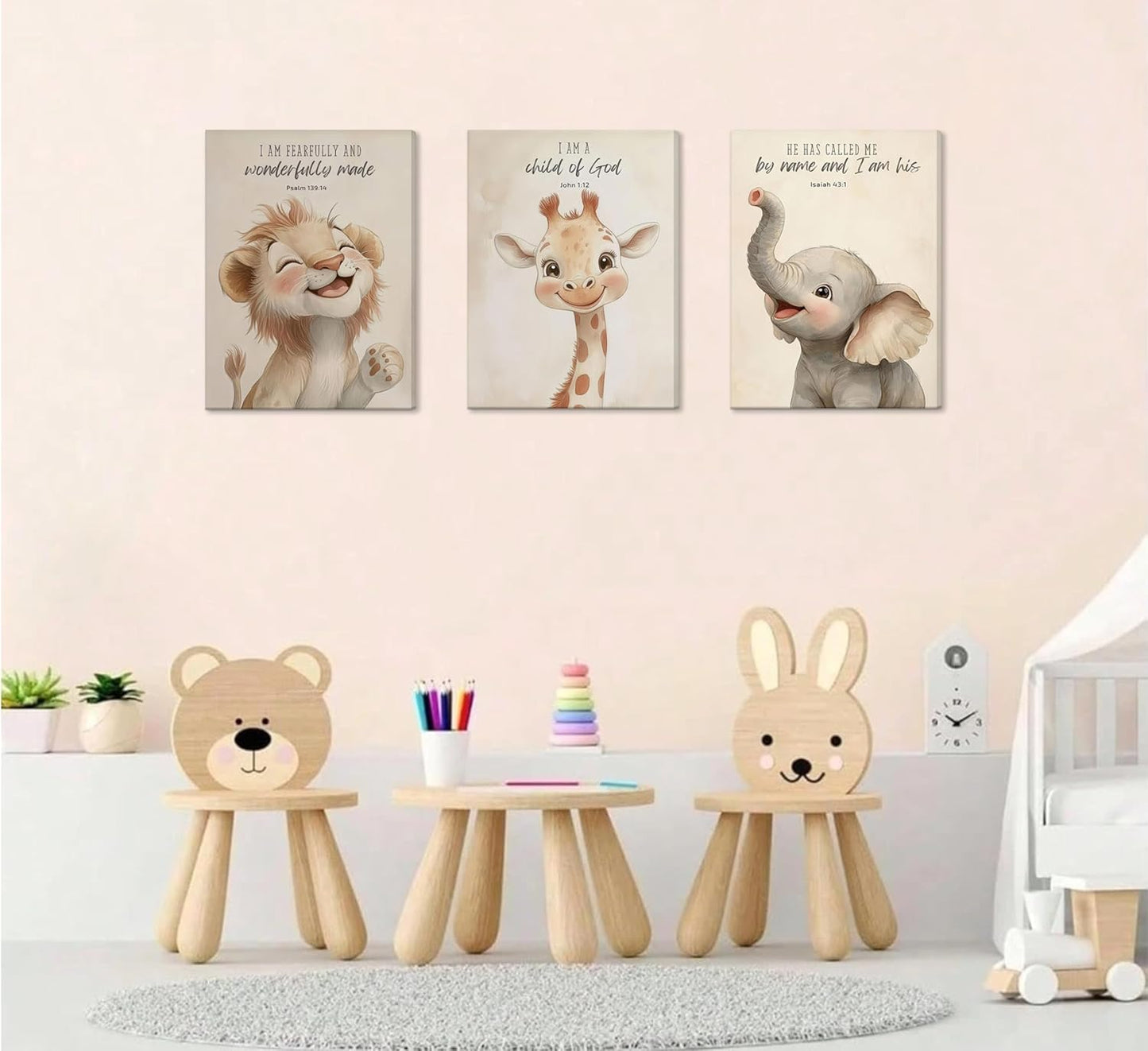 3Pcs Bible Verses Christian Nursery Safari Animals Canvas Wall Art Child of God Cute Animals Picture Wall Decor Lion Giraffe Elephant Poster Print Artwork for Kids Boys Girls Room Home Decoration