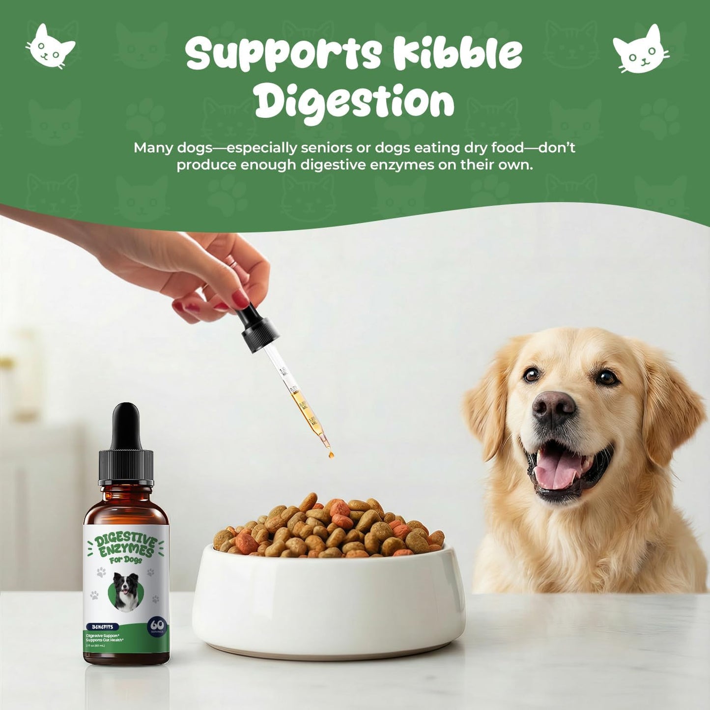 Digestive Enzymes for Dogs, Stool Eating Deterrent Support & Diet Change Aid, Liquid Enzyme Drops to Help Break Down Protein, Fat & Carbs, Daily Digestive Support, 2 fl oz (60 mL)