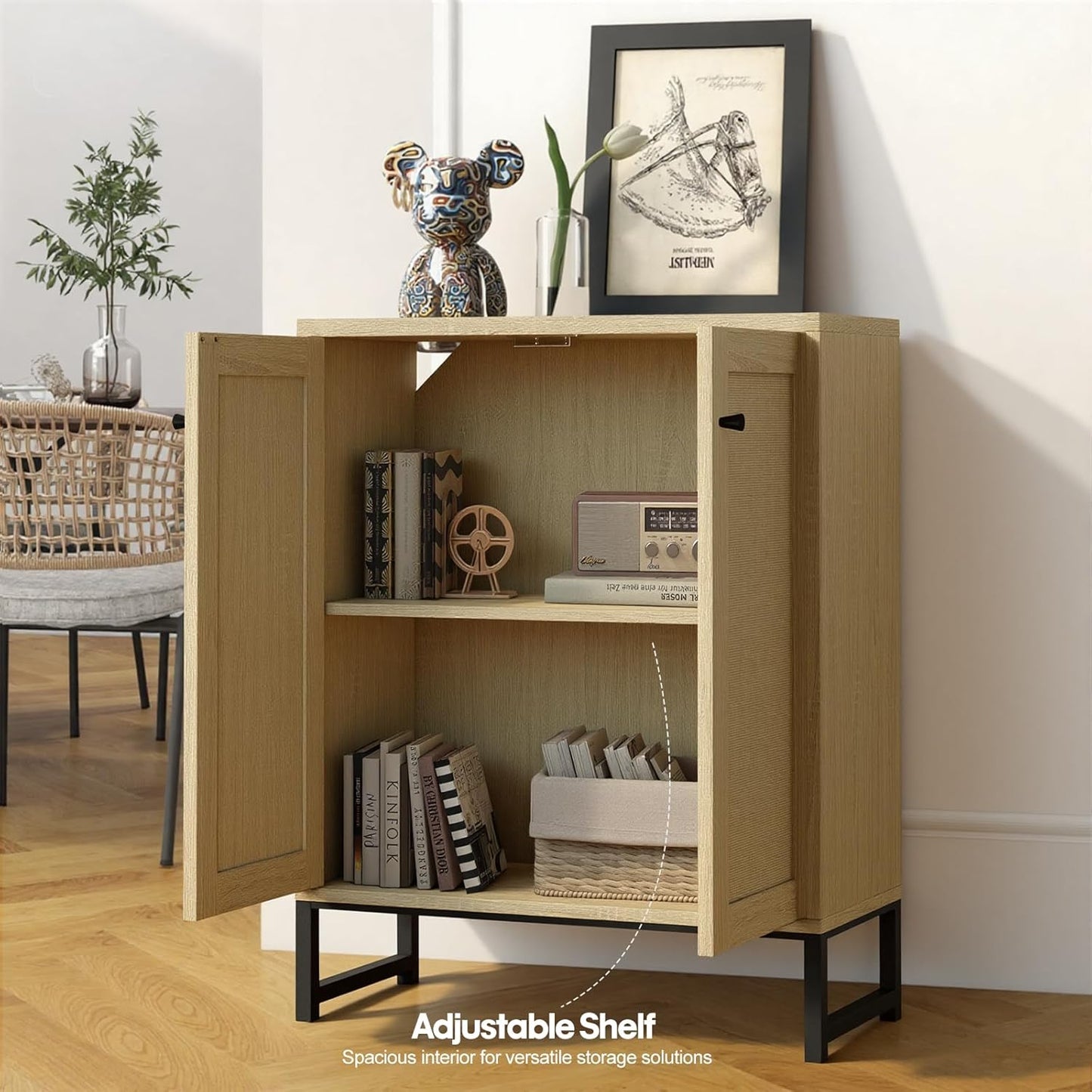 Panana Rattan Decorated 2 Doors Storage Cabinet Accent Cabinet Living Room Cupboard Kitchen Sideboard Buffet Table (Natural)