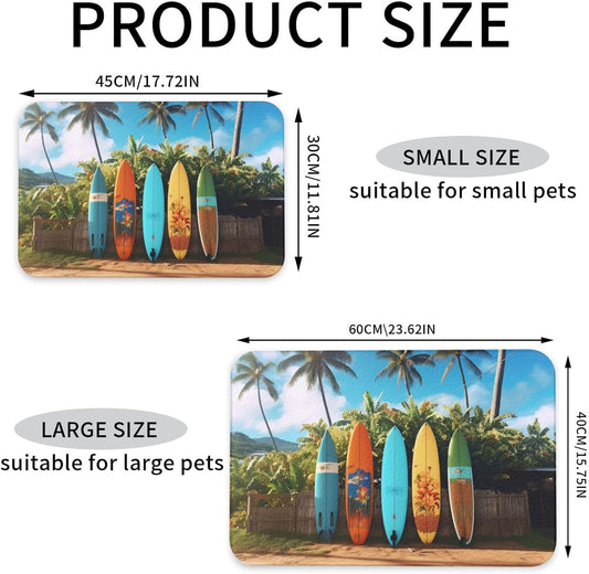 Pet Feeding Mat Leather Dog Food Mat Waterproof Pet Tablecloth Surf's up Surfboard Pet Placemat for Dogs Absorbent Dog Bowl Mat Anti-Slip Dogs Mats for Food and Water