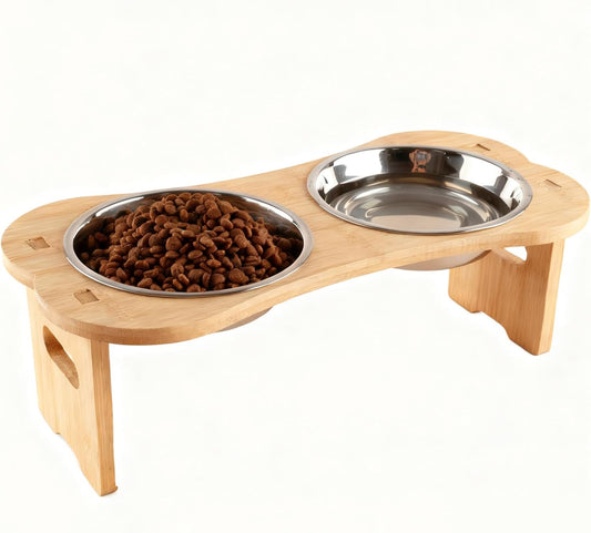 Elevated Dog Cat Bowls-2pack Stainless Steel Pet Food Water Bowls with Anti-Slip Bamboo Stand-Raised Dog Bowl for Small Dogs-Raised Cat Bowl Stand-Pet Feeding Station（4.7'' Height