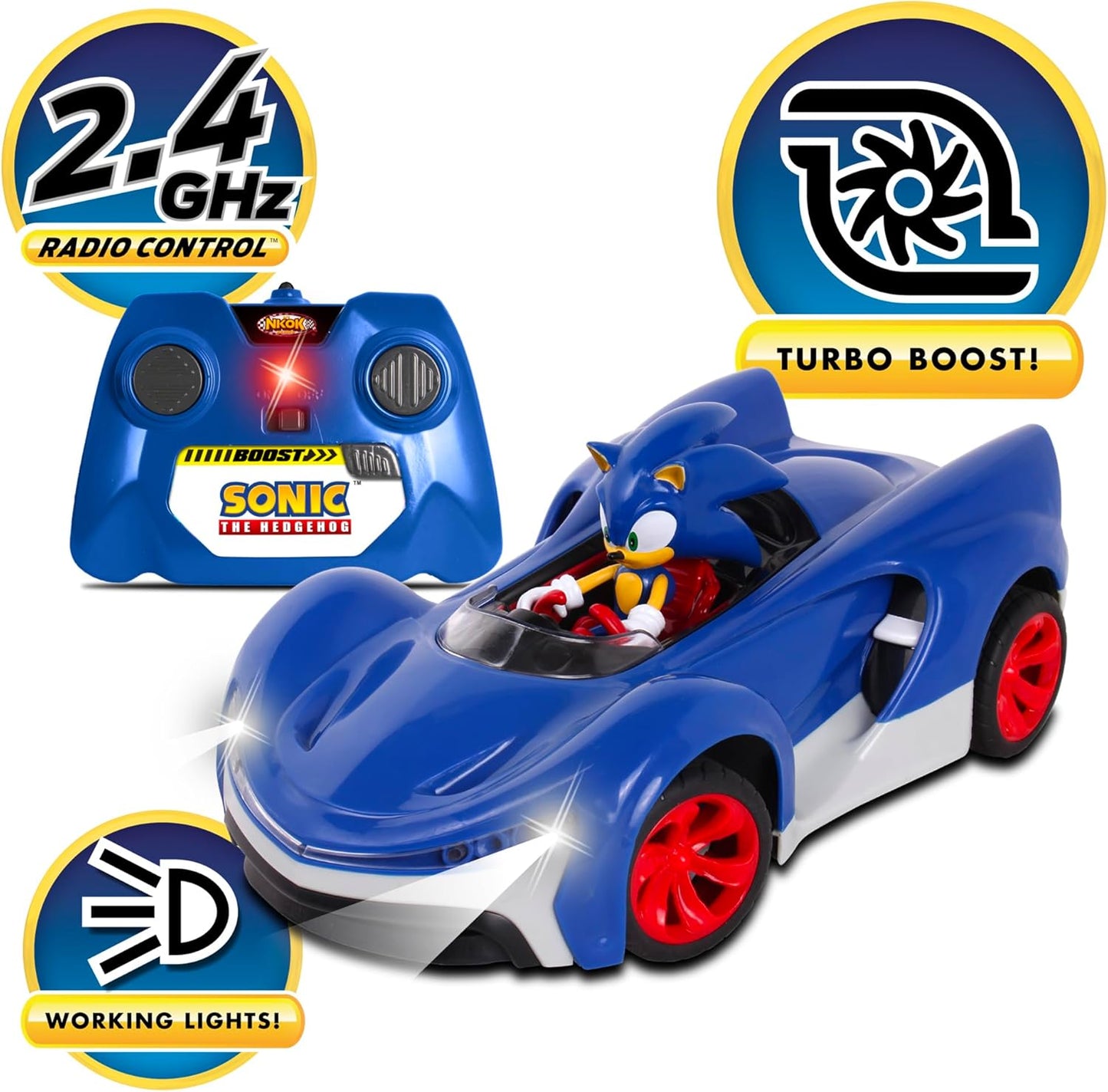 NKOK Team Sonic Racing 2.4GHz Radio Control Toy Car with Turbo Boost - Sonic the Hedgehog 601, Features Working Lights, Adjustable Front Wheel Alignment, Super Fun and Easy, Ages 6 and up