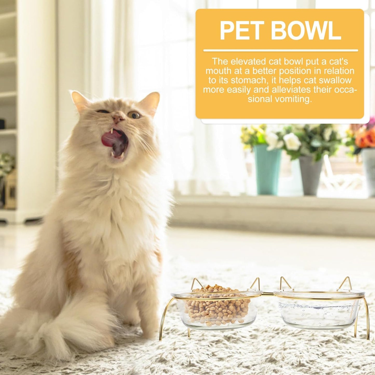 PRETYZOOM Raised Cat Bowls Set with Angled Bowls and Double Iron Stand, High Base Pet Food Feeder and Water Feeder for Cats, Neck Protection Design for Comfortable Feeding