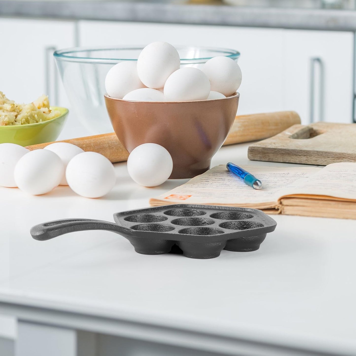Commercial CHEF Danish Aebleskiver Pan, Pre-Seasoned Cast Iron, Seven Sections For Mini Puffs and Pancake Balls, Works on All Cooktops Including Induction, Outdoor Cookware for Grills, CHCI4105