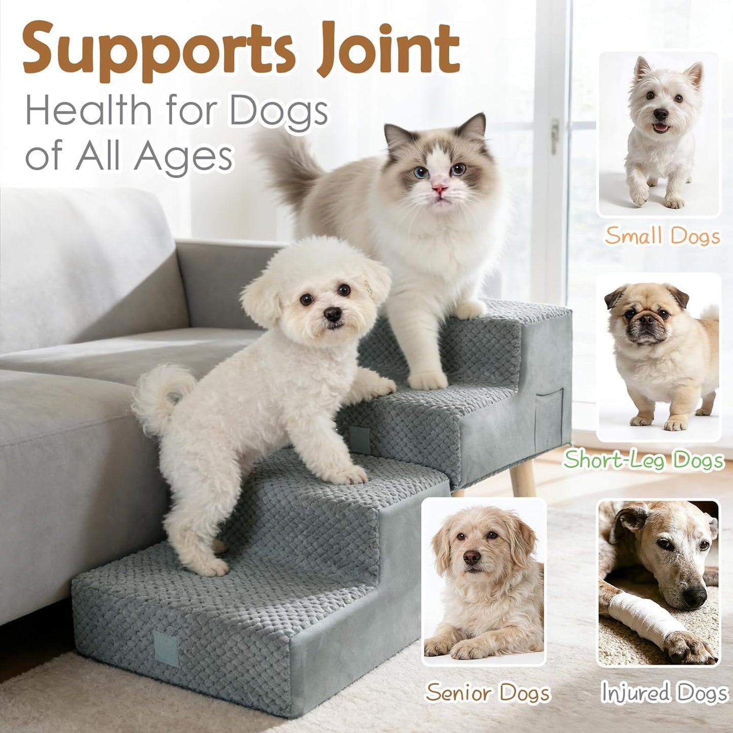4-Step Dog Stairs for Small Dogs and Cats, 2-in-1 Foldable Wooden Dog Ramp for Couch Bed Sofa with Non-Slip Mat & Side Pockets, Split Ottoman Design, Grey