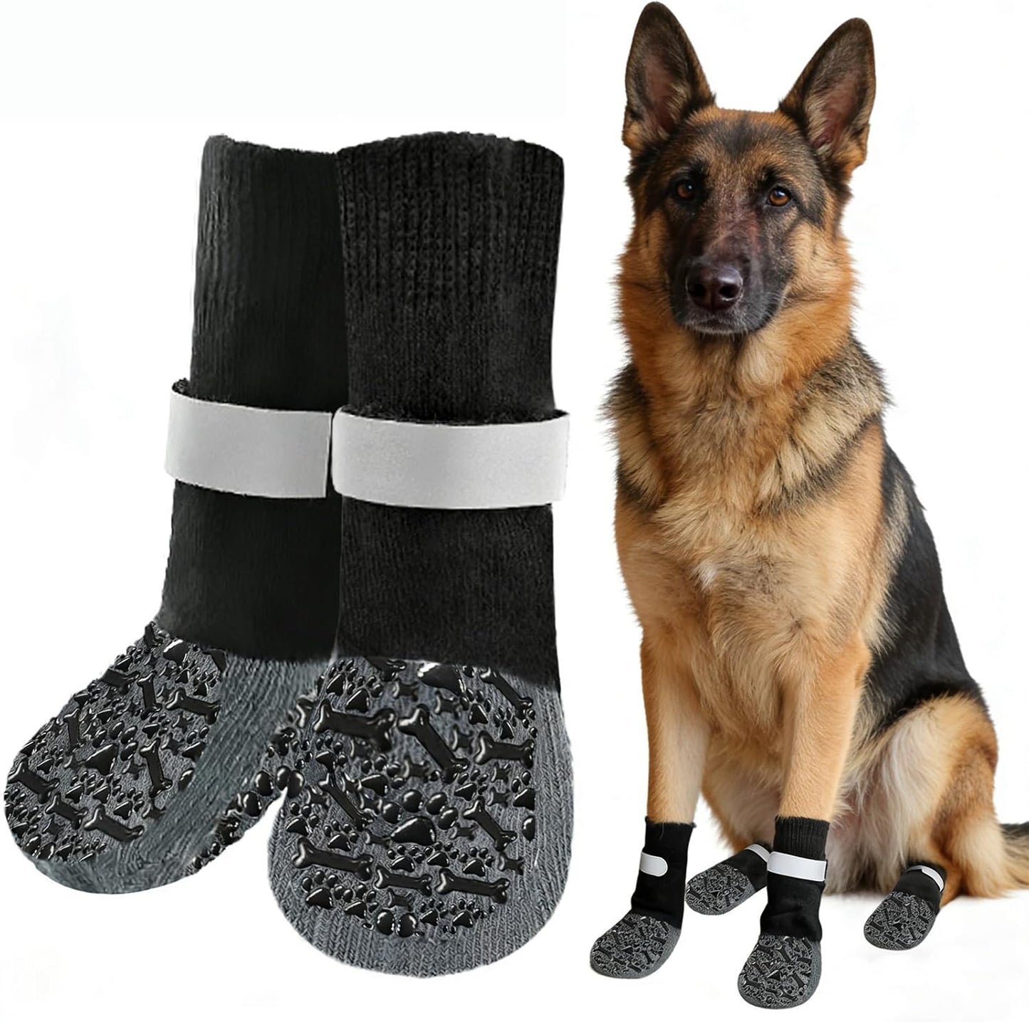 Dog Socks to Prevent Licking Paws, Anti Slip Dog Boots & Paw Protectors for Hardwood Floors, Toe Grips for Small Medium Large Senior Dogs, Dog Shoes for Hot/Cold Pavement(Black Bone,L)