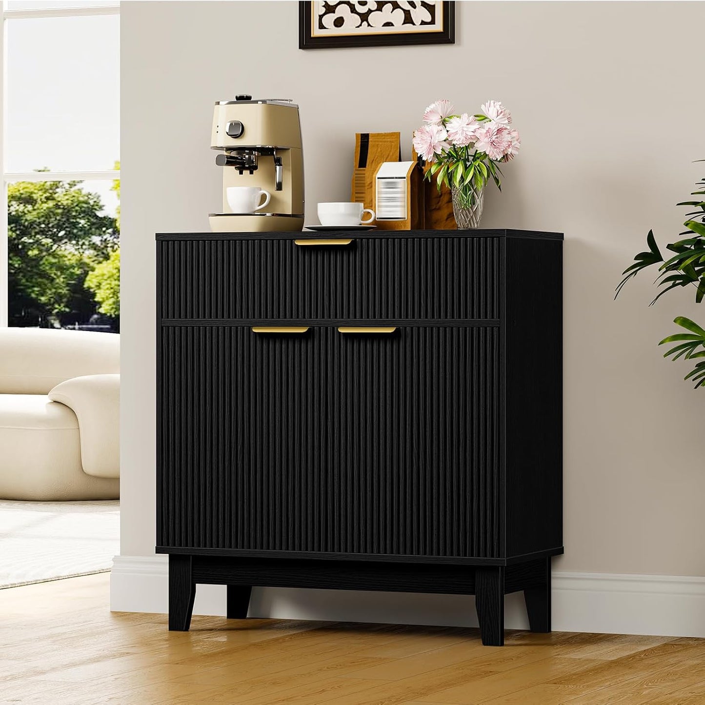 Fluted Buffets Sideboard, Buffet Sideboard with 1 Drawer & 1 Door, Kitchen Storage Cabinet with Adjustable Shelf and Slanted Legs, Buffet Cabinet for Kitchen, Living Room, Black MCB02BB