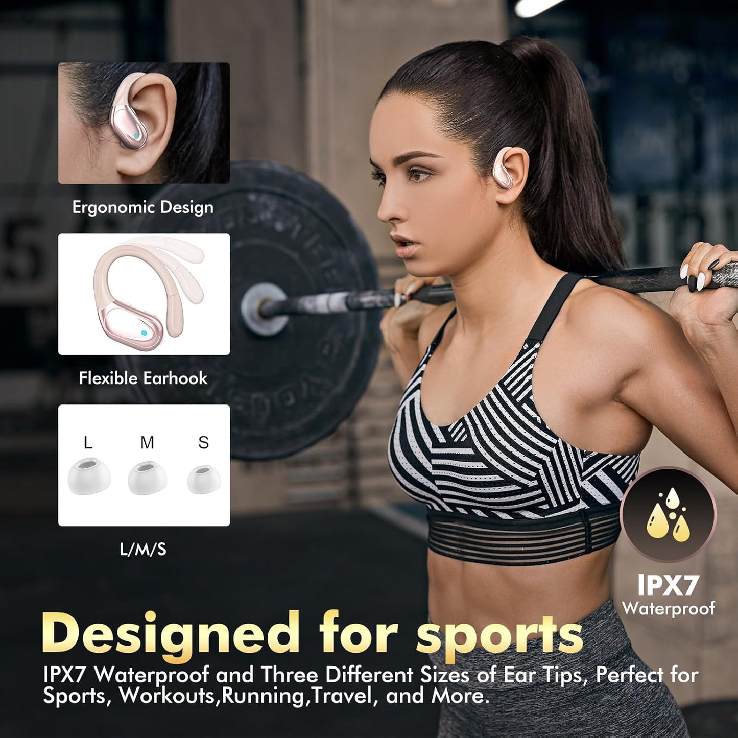 Wireless Earbuds, Sports Bluetooth Headphones, 80Hrs Playtime Ear Buds with LED Power Display, Noise Canceling Headset, IPX7 Waterproof Earphones for Workout/Running（Rose Gold）