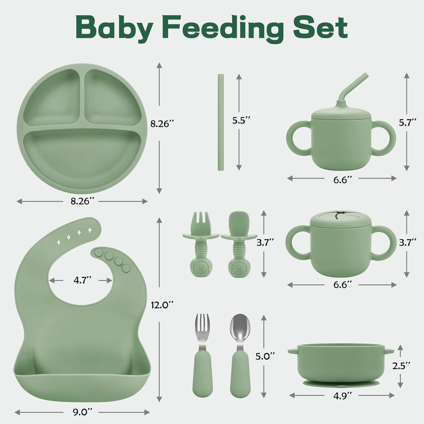 Silicone Baby Feeding Set, Baby Led Weaning Supplies, Eating Essentials Utensils with Suction Plate and Bowl, Pocket Bib, Sippy Cup with Lid, Forks Spoons Snack Container, for 6+ Months, Green