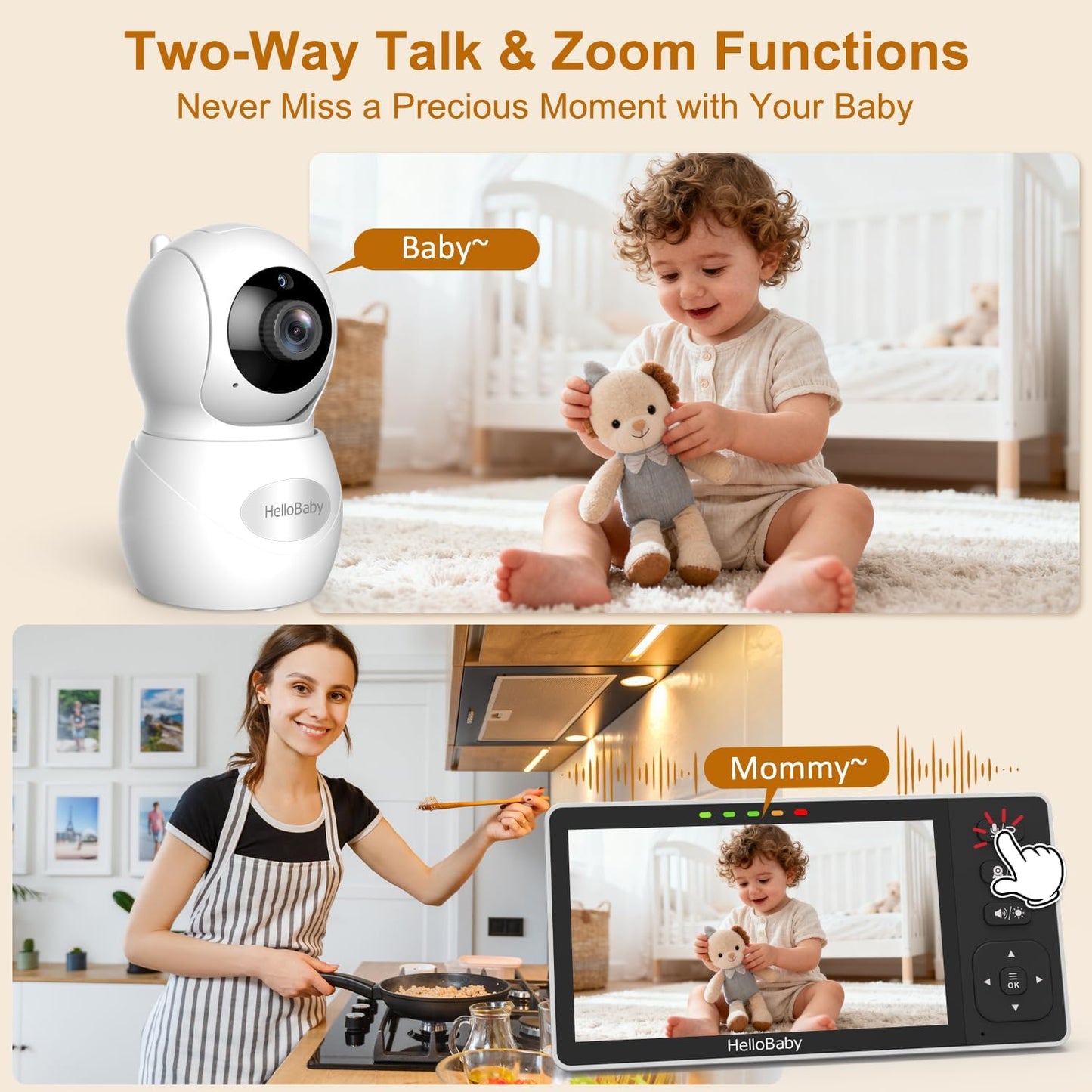 HelloBaby 5.5'' HD Video Baby Monitor with 1080P Camera | No WiFi, Hack-Proof Security & 1000ft Range | Remote Pan, Tilt, Zoom, Night Vision, Night Light | 4000mAh Battery