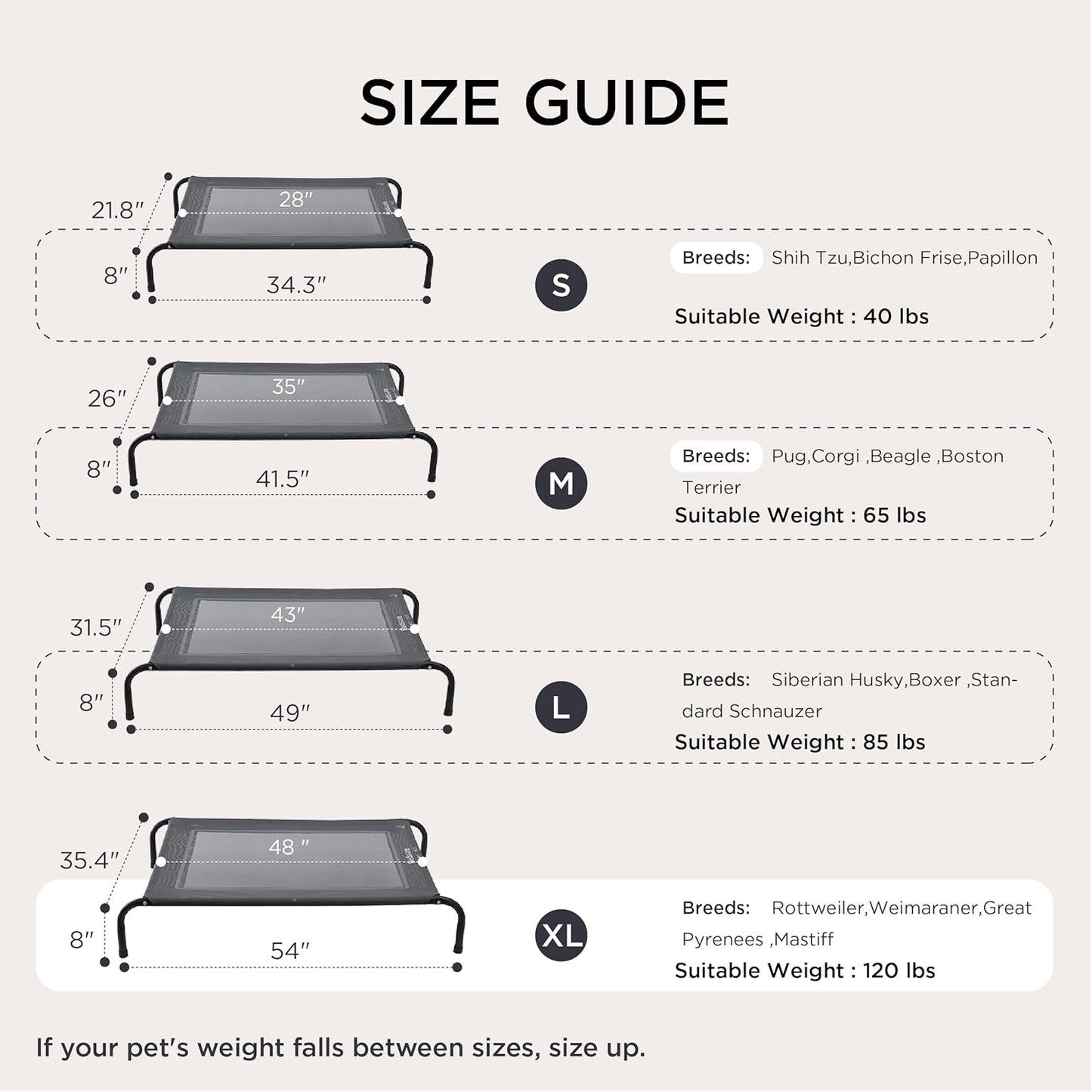 Bedsure Outdoor Elevated XL Dog Bed, Portable Indoor & Outdoor Cooling Raised Cot Pet Hammock Bed with Skid-Resistant Feet, Frame with Breathable Mesh, Grey, 54 inches