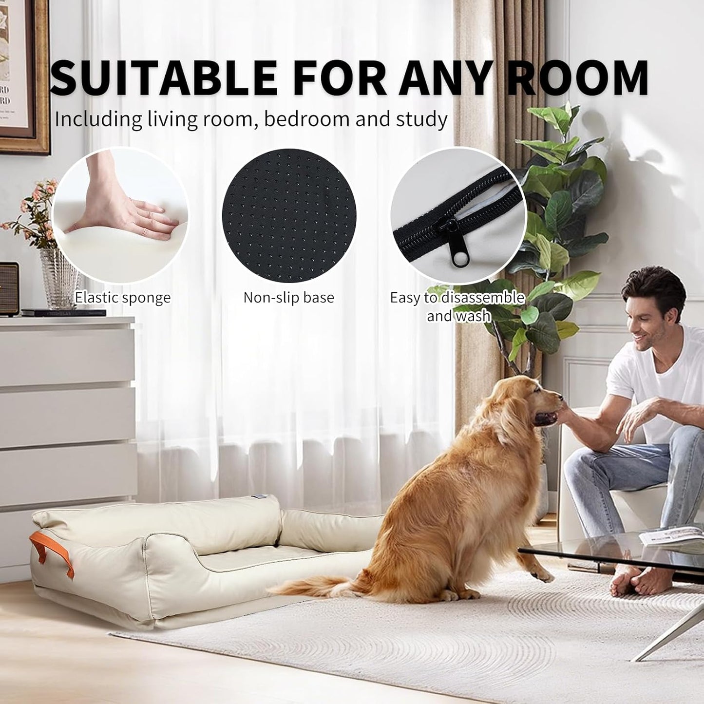 Removable Orthopedic Dog Beds for Large Dogs, Leather Memory Foam Dog Sofa Bed, Waterproof Durable Dogs Bed Couch with Non Skid Bottom for All Pet Sizes (Beige, Large)