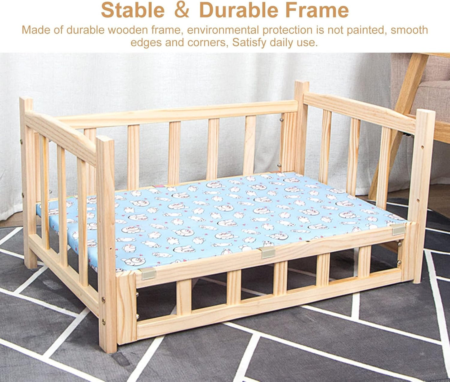 Pet Bed Wooden Modern Elevated Dog Bed, Orthopedic Relief Raised Pets Cot with Fence ＆ Mattress, for Indoor Outdoor Travel, Machine Wash & Dry (Color : Style1, Size : M-75x50x42cm/3