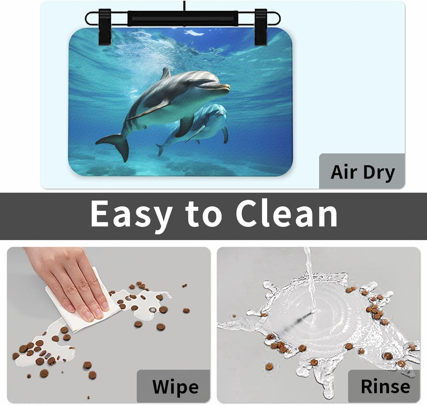 Pet Feeding Mat Leather Dog Food Mat Waterproof Pet Tablecloth Marine Dolphin Pet Placemat for Dogs Absorbent Dog Bowl Mat Anti-Slip Dogs Mats for Food and Water