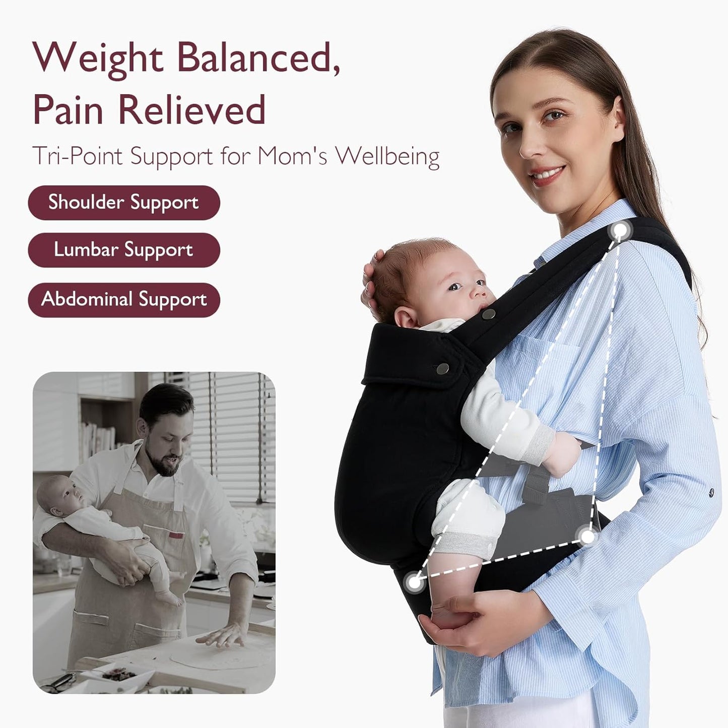 Momcozy Baby Carrier - Ergonomic, Cozy and Lightweight Carrier for 7-45lbs, Effortless to Put On, Ideal for Hands-Free Parenting, Enhanced Lumbar Support, Purehug for Infant to Toddler, Black