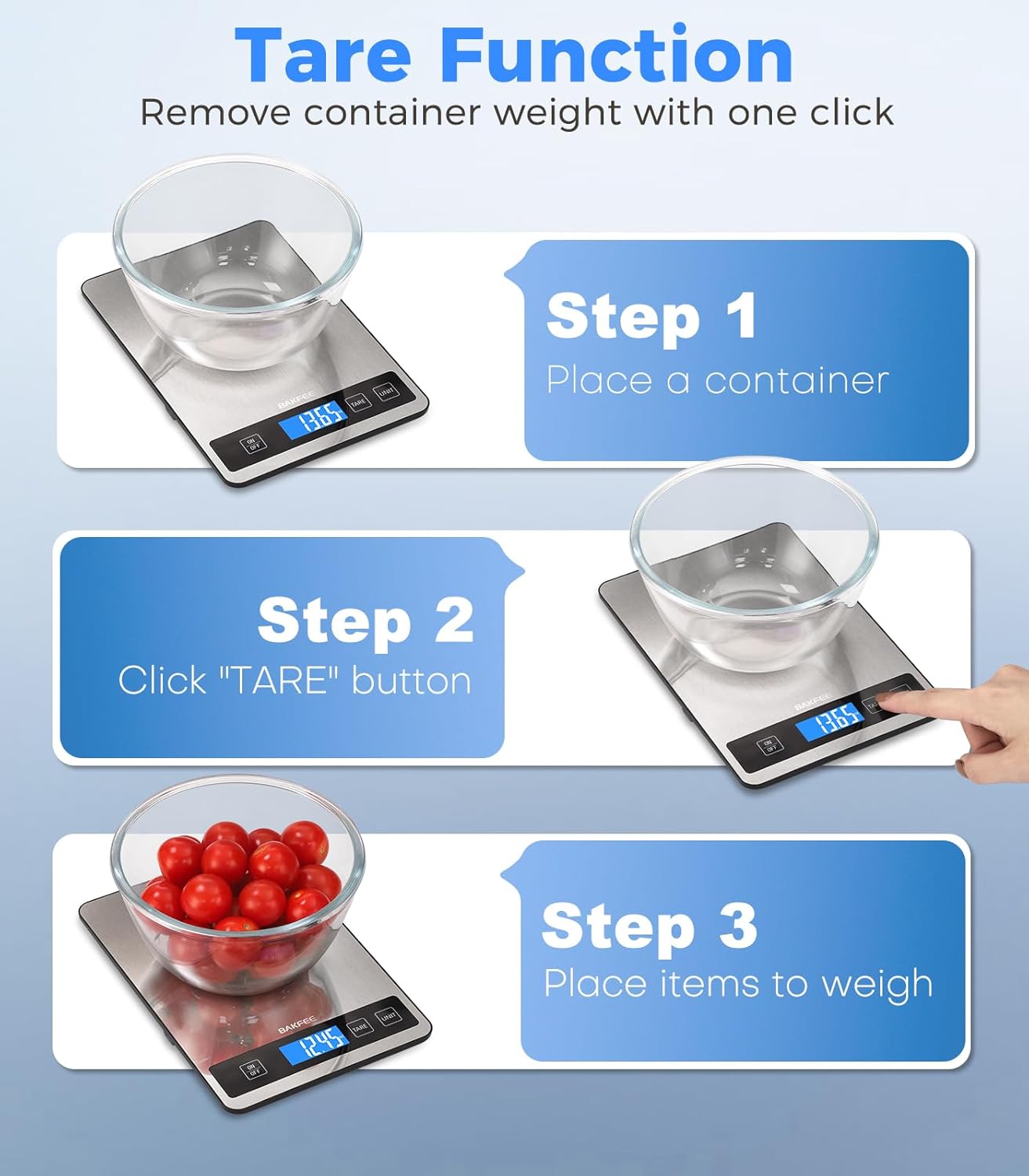 Food Scale - 15kg/33lb Rechargeable Digital Kitchen Scale with Full-View LCD Display, Grams and Ounces, Type-C or Batteries, Easy Clean Stainless Steel, for Baking, Cooking & Meal Prep, Black
