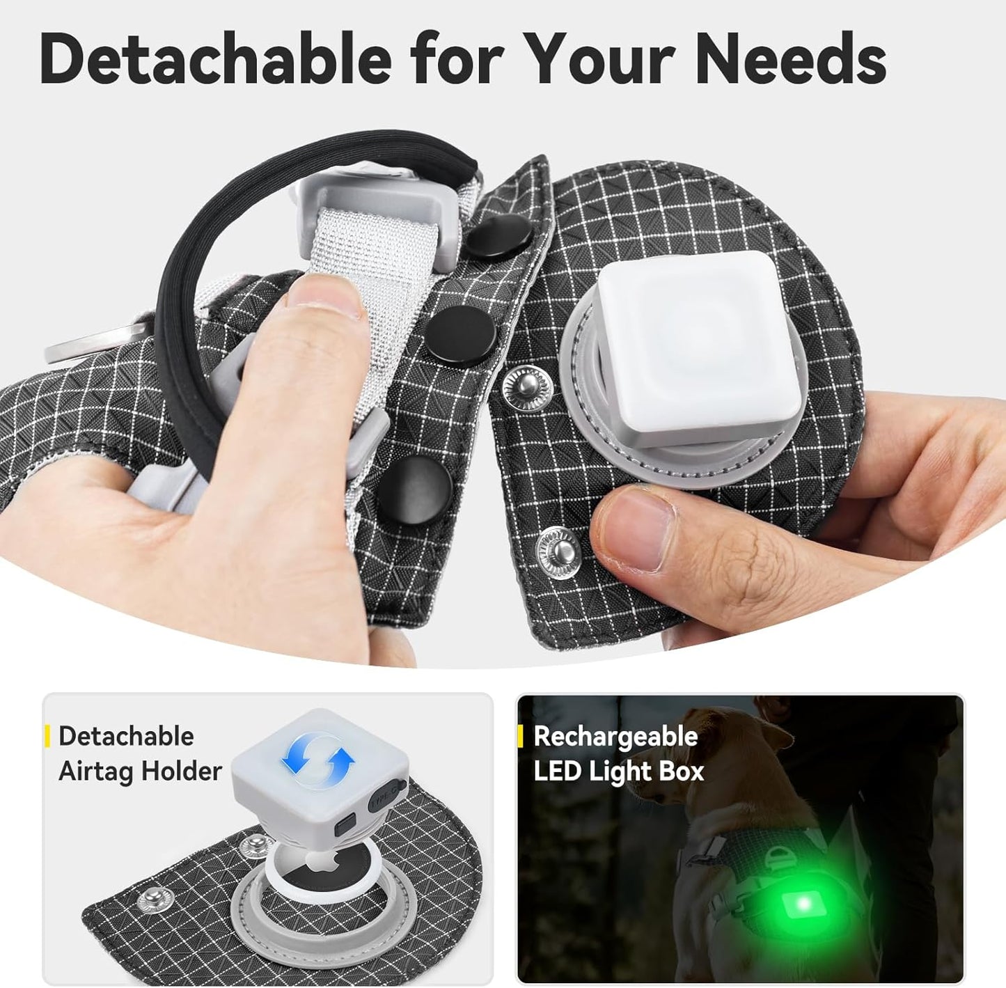 Joytale No Pull Dog Harness with AirTag Holder, Soft Night Safety Light up Dog Harness with Control Handle and 2 Clips, Adjustable Lightweight Dog Vest for Large Sized Pet Everyday Use, Black, L
