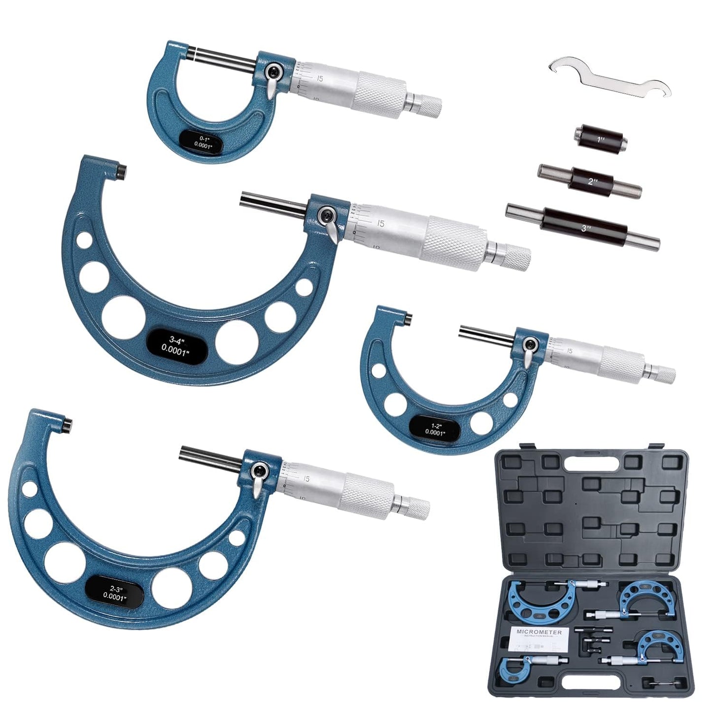 HDLNKAK Outside Micrometer Set, 0-4" Machinist Micrometer, 4 Pcs Machinist Tool Set, 0.0001" Graduation Micrometer Set, Alloy Precision Micrometer, Micrometer Standard Set with Case