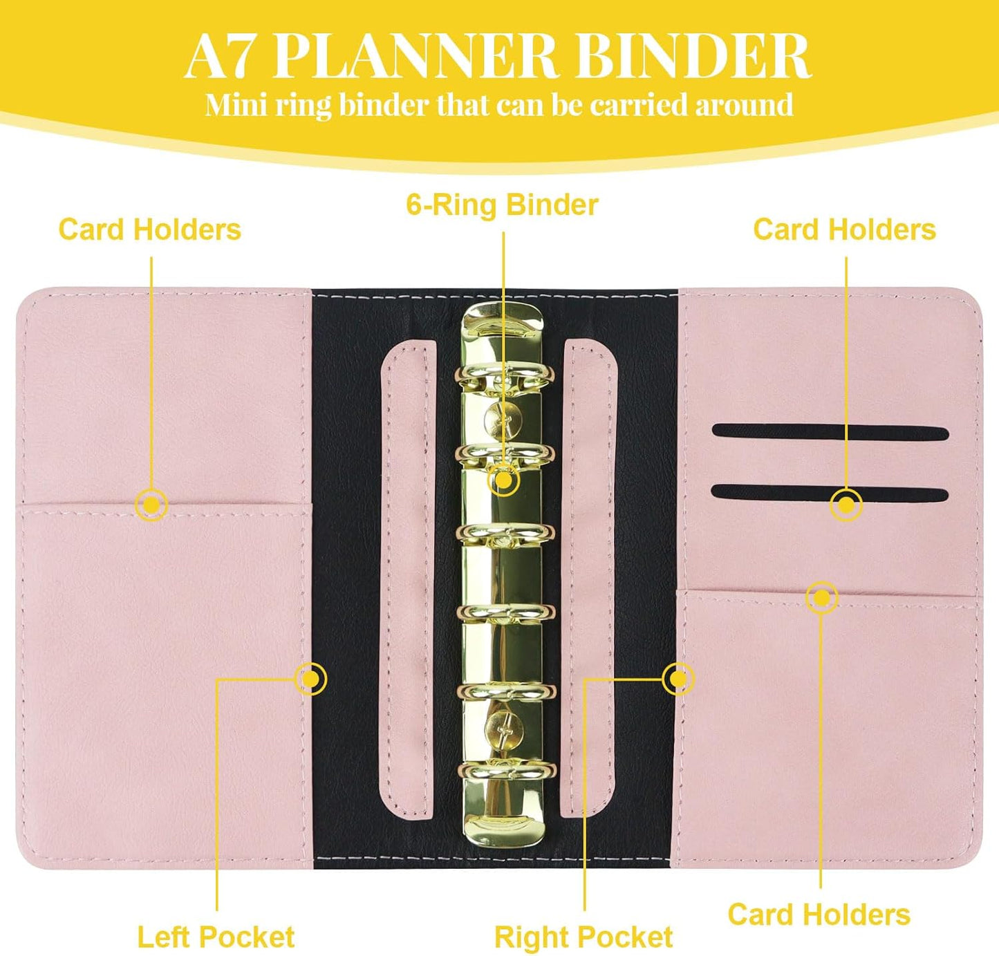 Koqye A7 Refillable Planner Small Binder Notebook 6 Ring, Portable PU Leather Organizer with Zippered Pocket, To-Do & Blank Refill Papers, Dividers, Monthly Sticker, Pen, for Students, Professionals, Travel (Black & Pink)