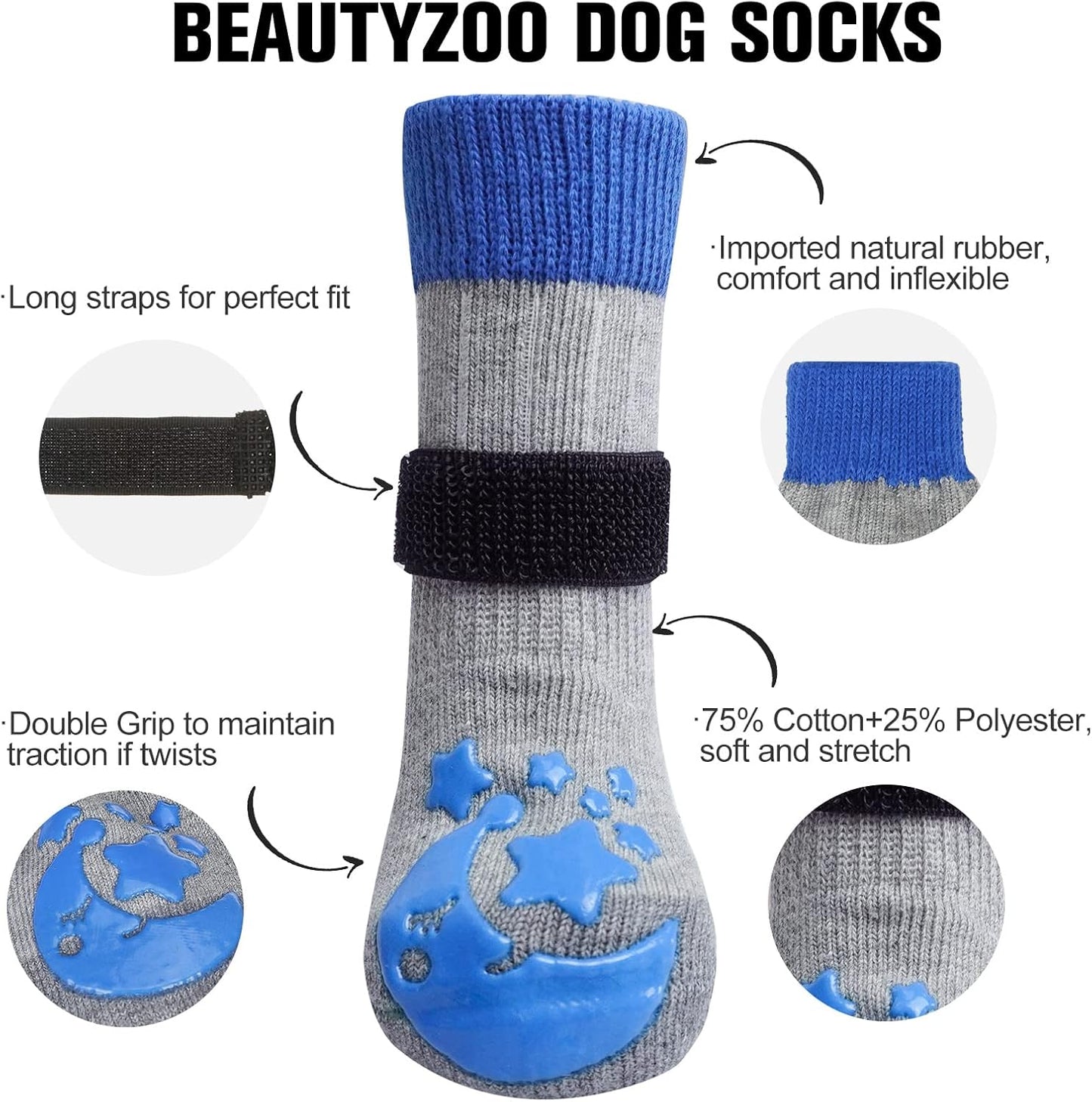 BEAUTYZOO Anti Slip Dog Socks to Prevent Licking Paws, Dog Shoes for Cold Winter Snow, Double Sides Dog Boots & Paw Protectors Booties for Hardwood Floors with Grippers Large Medium Small Senior Dogs