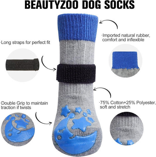 BEAUTYZOO Anti Slip Dog Socks to Prevent Licking Paws, Dog Shoes for Cold Winter Snow, Double Sides Dog Boots & Paw Protectors Booties for Hardwood Floors with Grippers Large Medium Small Senior Dogs