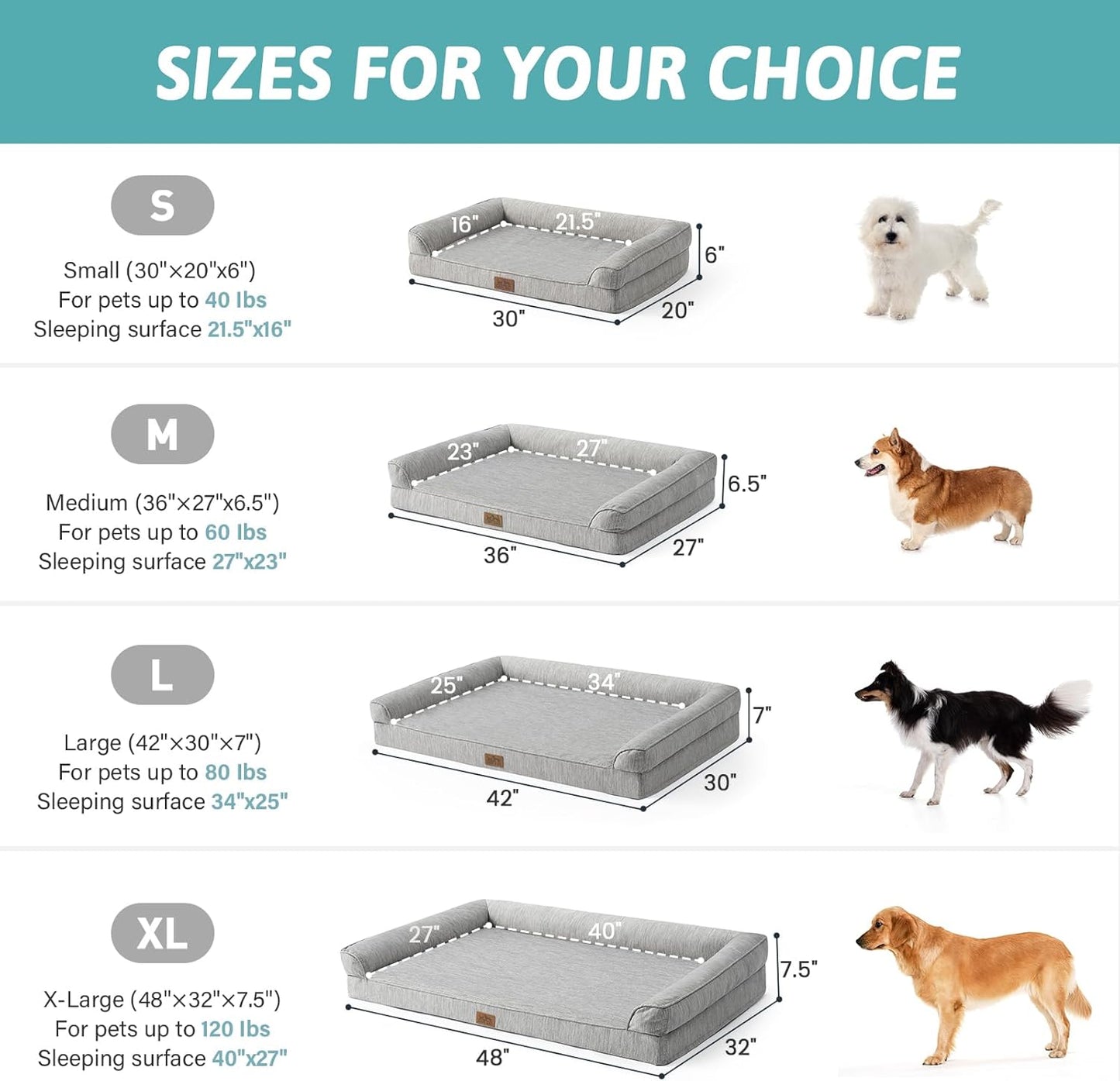 Cooling Dog Bed, Orthopedic Foam Dog Bed with Sides, Removable Washable Cover & Waterproof Lining and Nonskid Bottom, Comfortable Pet Beds for Large Dogs, Grey (42" L x 30" W x 7" Th)